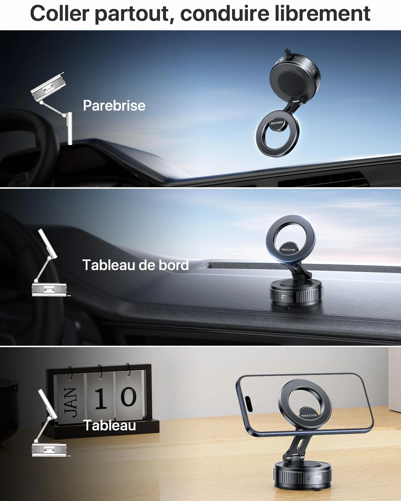 Miracase Support Telephone Voiture pour Magsafe [Succion Ultra Puissante] 2026 Aimant Telephone Voiture 360°Rotation pour iPhone 17 16 15 14 13 12 Pro Max, Autres Smartphones