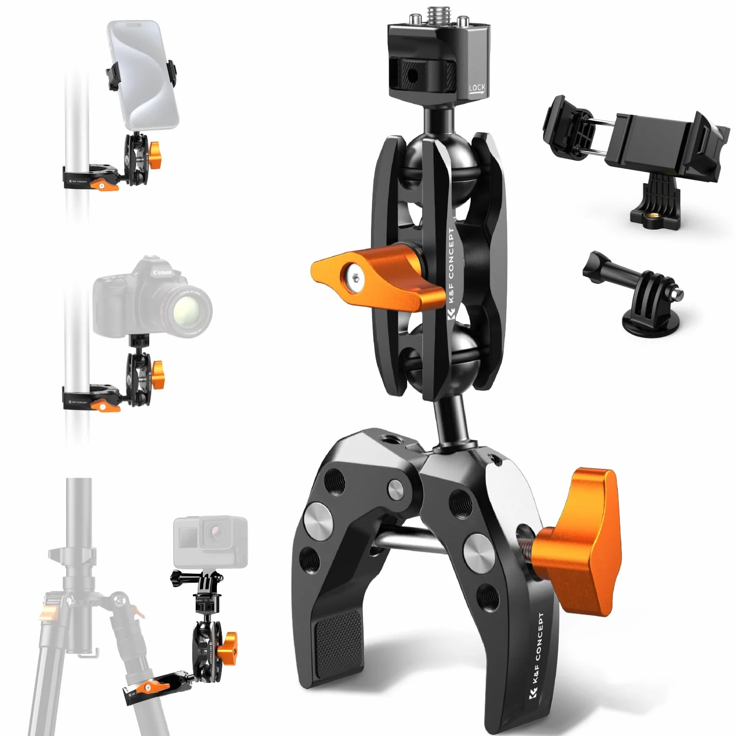 K&F CONCEPT Bras Magique + Pince Super Clamp à Rotule 360° – Support Articulé Multi-Angle avec Filetage 1/4'' et Adaptateur GoPro/Clip Téléphone pour Caméra Photo DSLR Microphone Lumière – M13