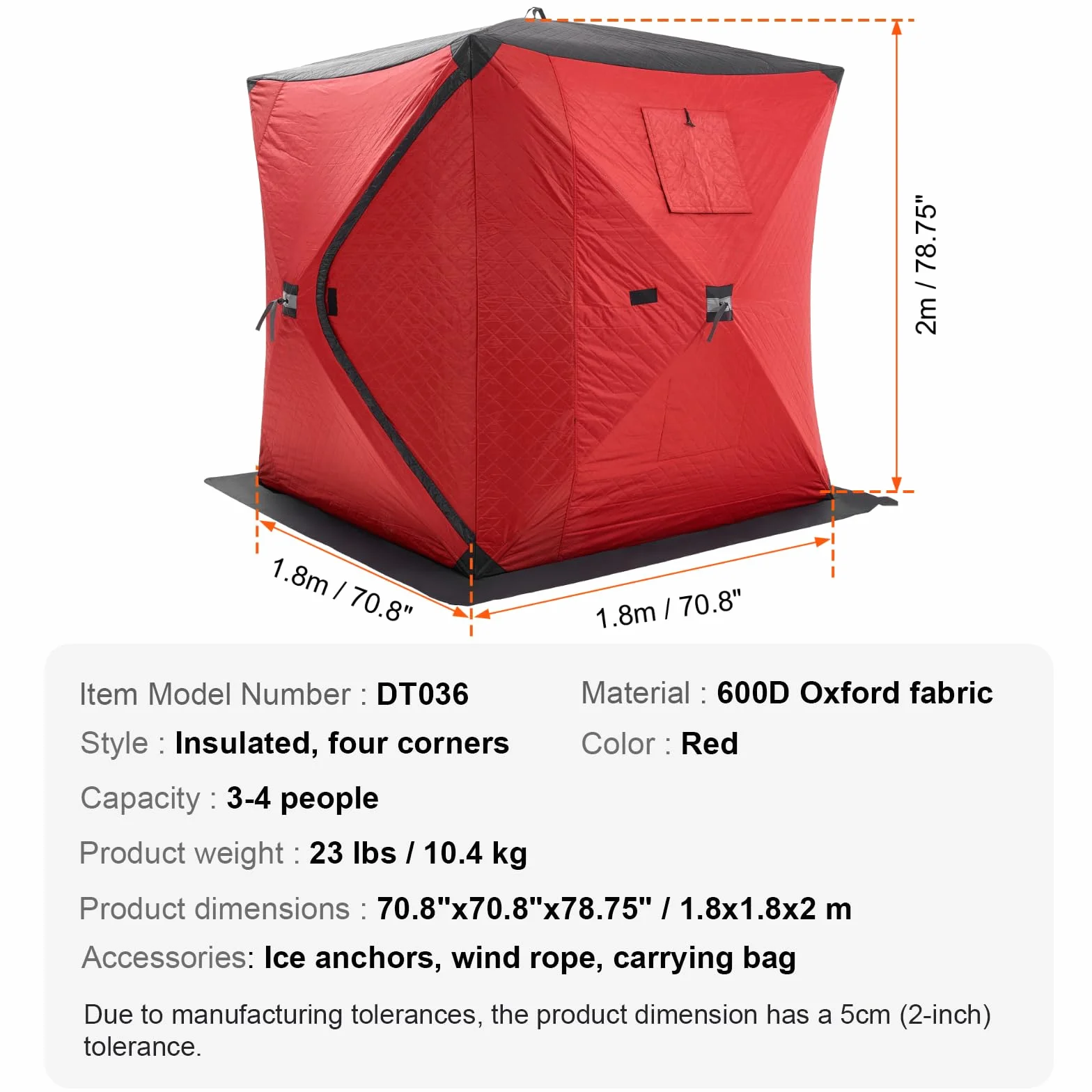 VEVOR Abri de Pêche sur Glace 1,8x1,8x2 m Tente Escamotable Portable Isolant Thermique Tissu Oxford