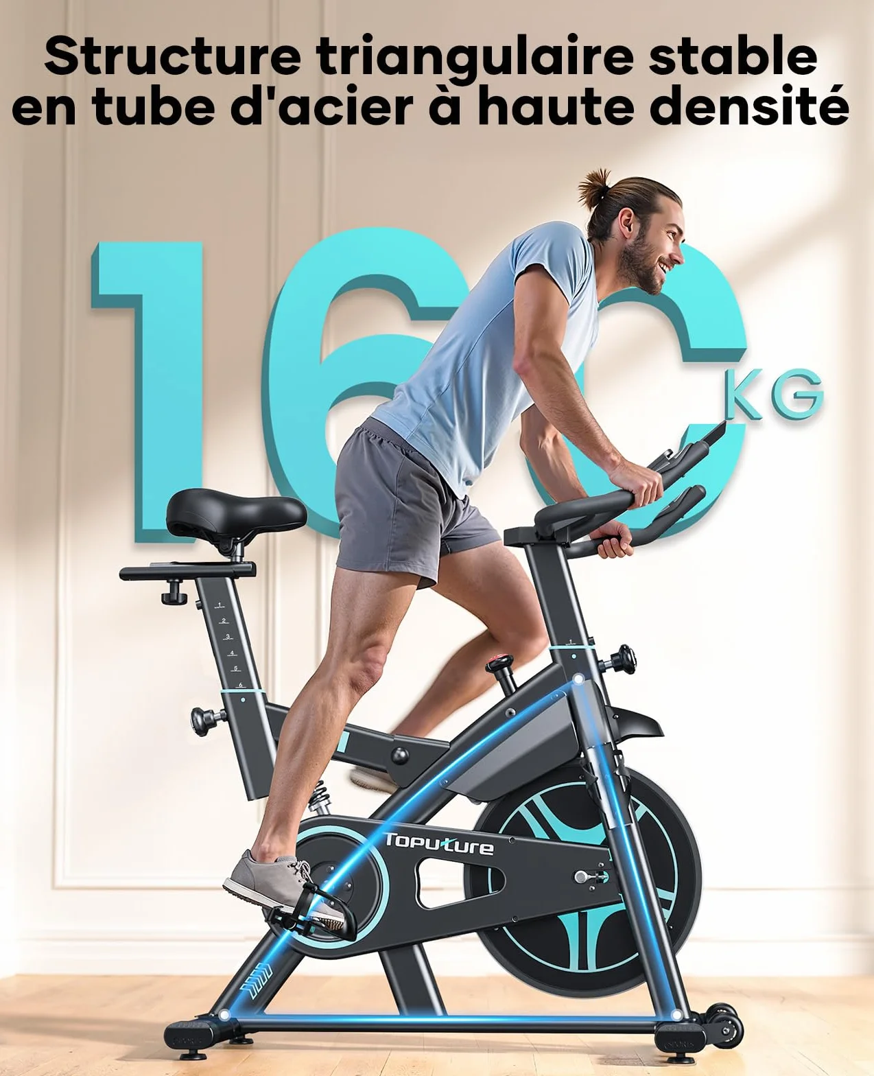 TOPUTURE Velo d'Appartement avec Écran LCD, Résistance Réglable 100 Niveaux, Silencieux, Capacité 160 kg