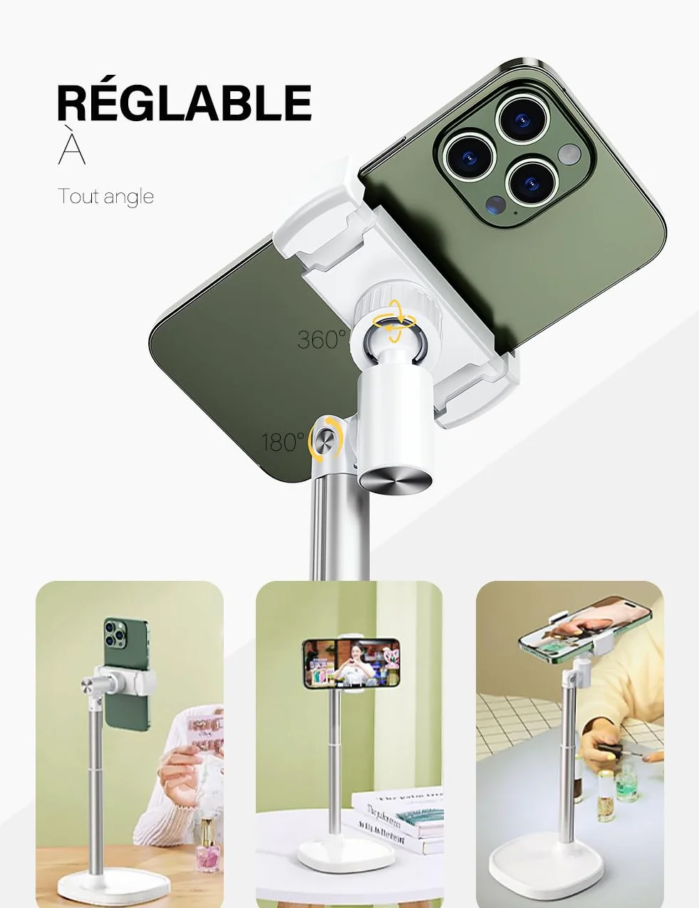 Phone Holder à 360° Réglable pour Bureau, Diffusion en Direct, Tournage Vidéo