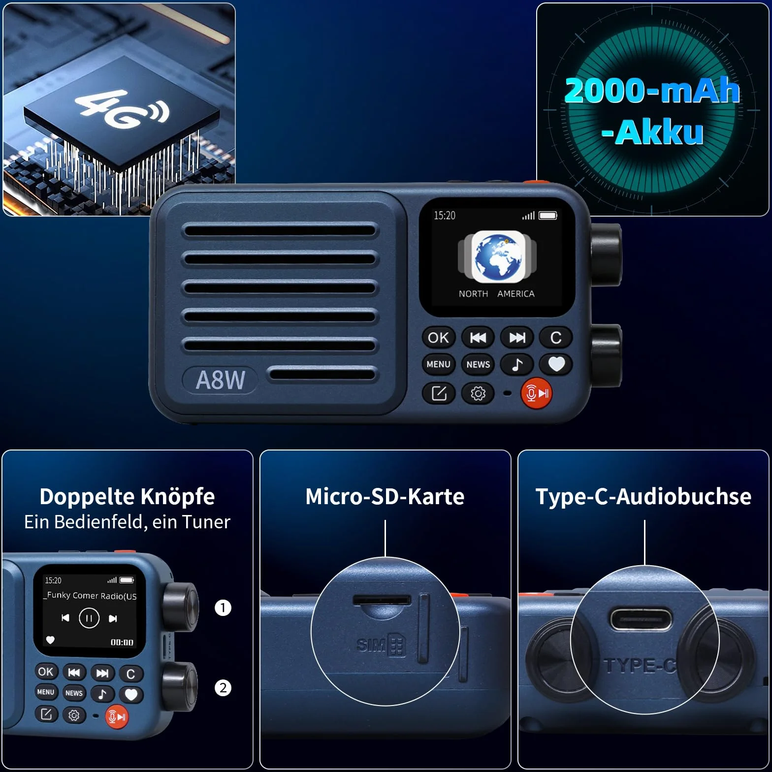 Choyong Récepteur radio Internet intelligent A8W - WiFi / 4G - Haut-parleur avec FM, carte micro SD, tous les radios du monde, pour la maison avec WiFi, radio numérique, choyoung A8W