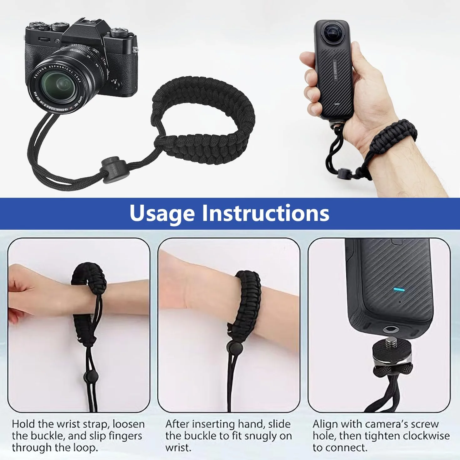 Sangle de Poignet pour Appareil Photo avec vis à Anneau en D de 1/4 Pouce, Sangle de Poignet Réglable pour Appareil Photo pour DJI Osmo Pocket 3 Poignée, Insta 360 X5/X4/X3, Osmo Mobile 7P/7/6/Se