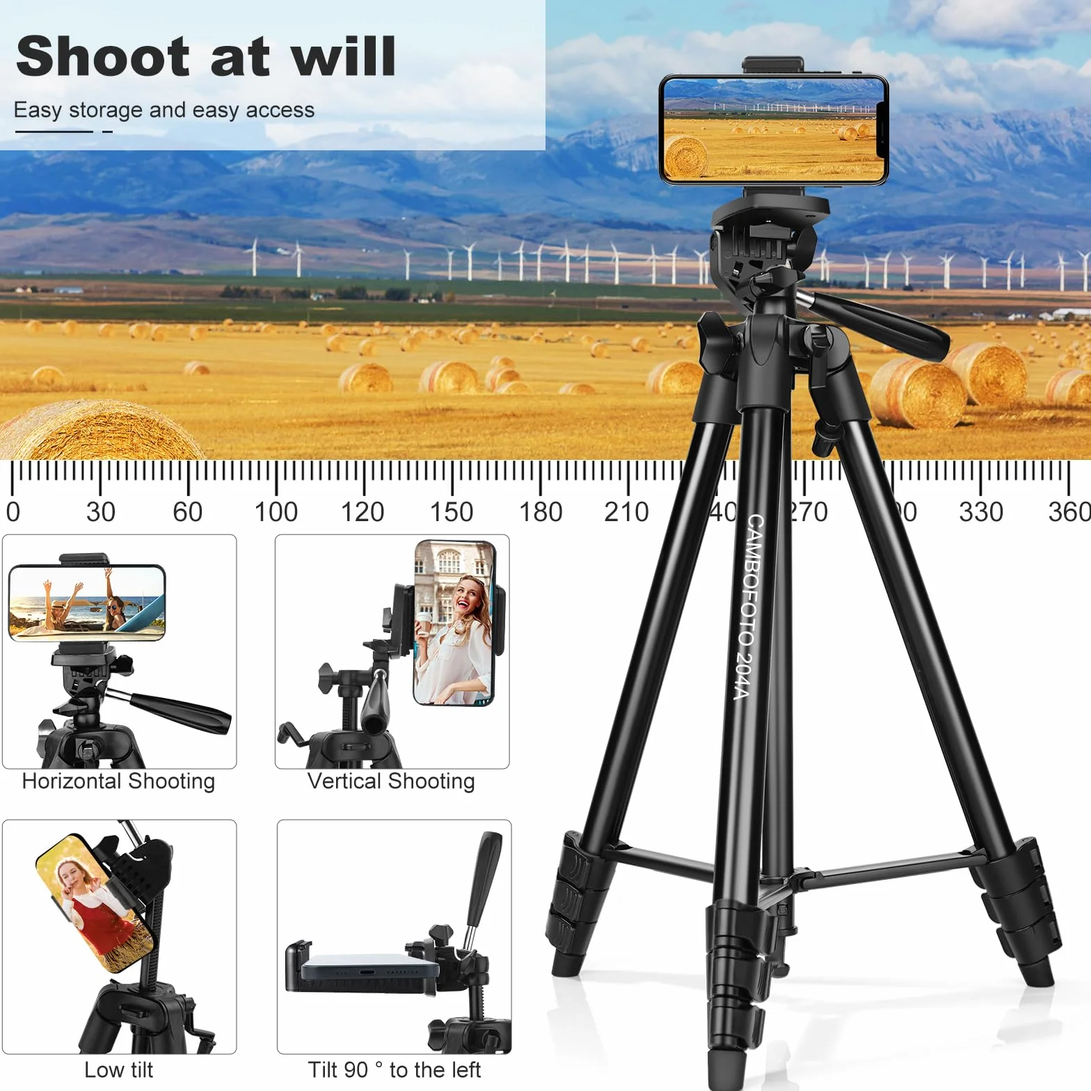 CAMBOFOTO Trépied Léger de 135 cm pour Téléphone, avec Support de Téléphone, Compatible avec iPhone et Autres Smartphones Android, Les Reflex Numériques et Les Cameras sans Miroir