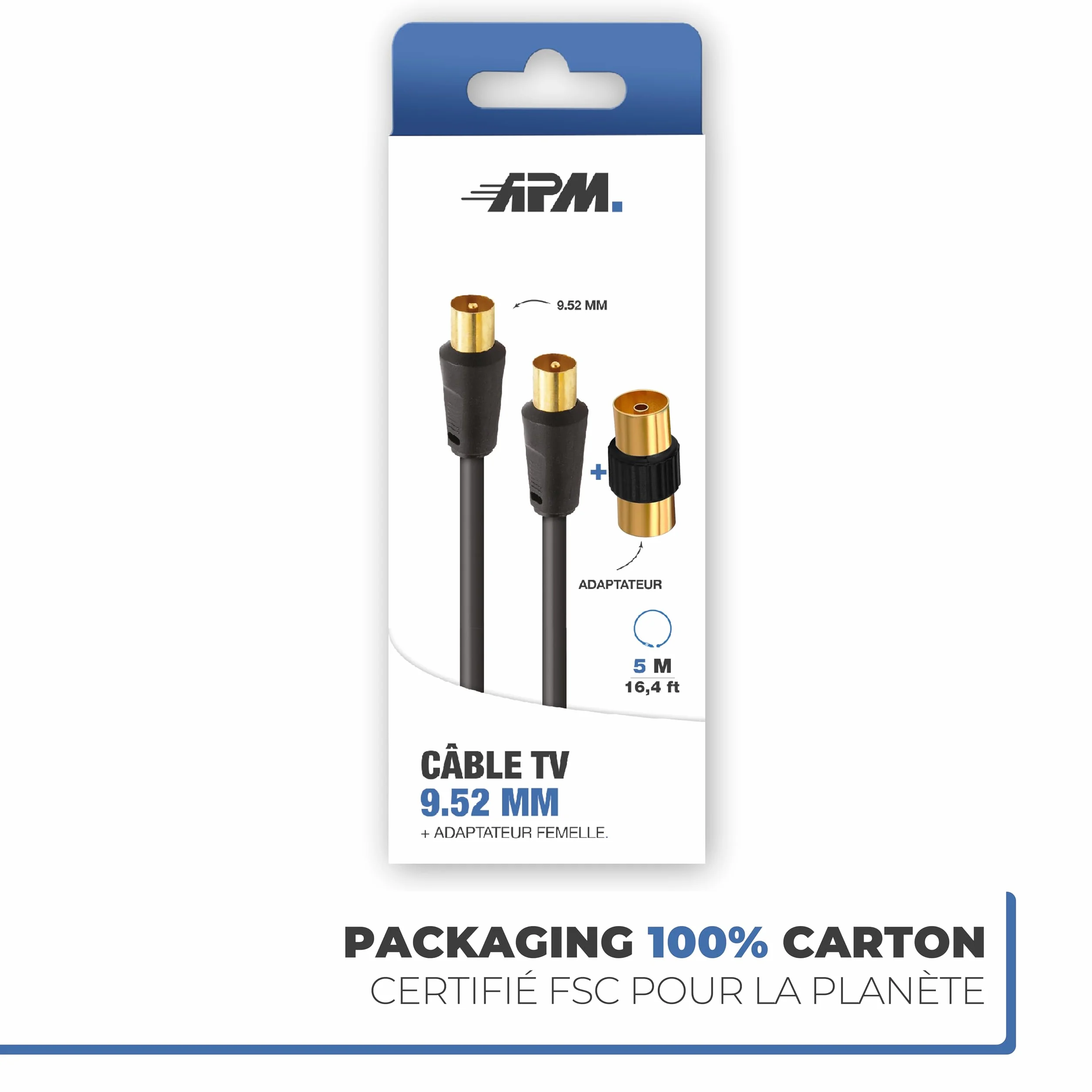 APM Câble TV Antenne 9.52mm, 5 Mètres, Connecteurs Gold Mâle/Mâle, Cordon Coaxial Noir avec Adaptateur Femelle/Femelle Inclus, Compatible TV Décodeur TNT Fiche Murale 9.52mm, 408026, 5m