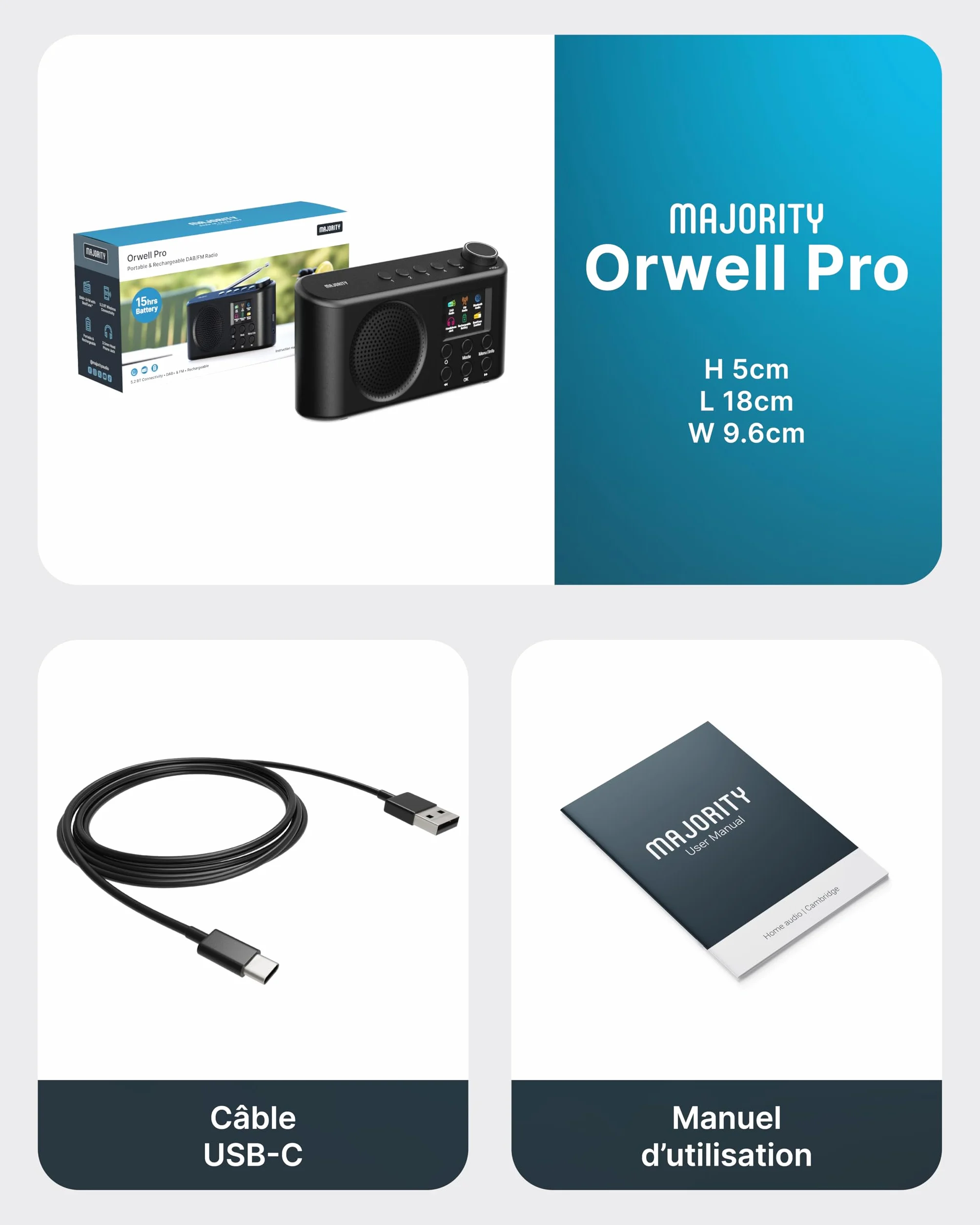 MAJORITY Orwell Pro Radio Dab/Dab+ Portable avec Bluetooth, FM, 40 Présélections, 15h Autonomie, Batterie Rechargeable USB-C, Minuterie Sommeil, Égaliseur, Radio Dab Portable