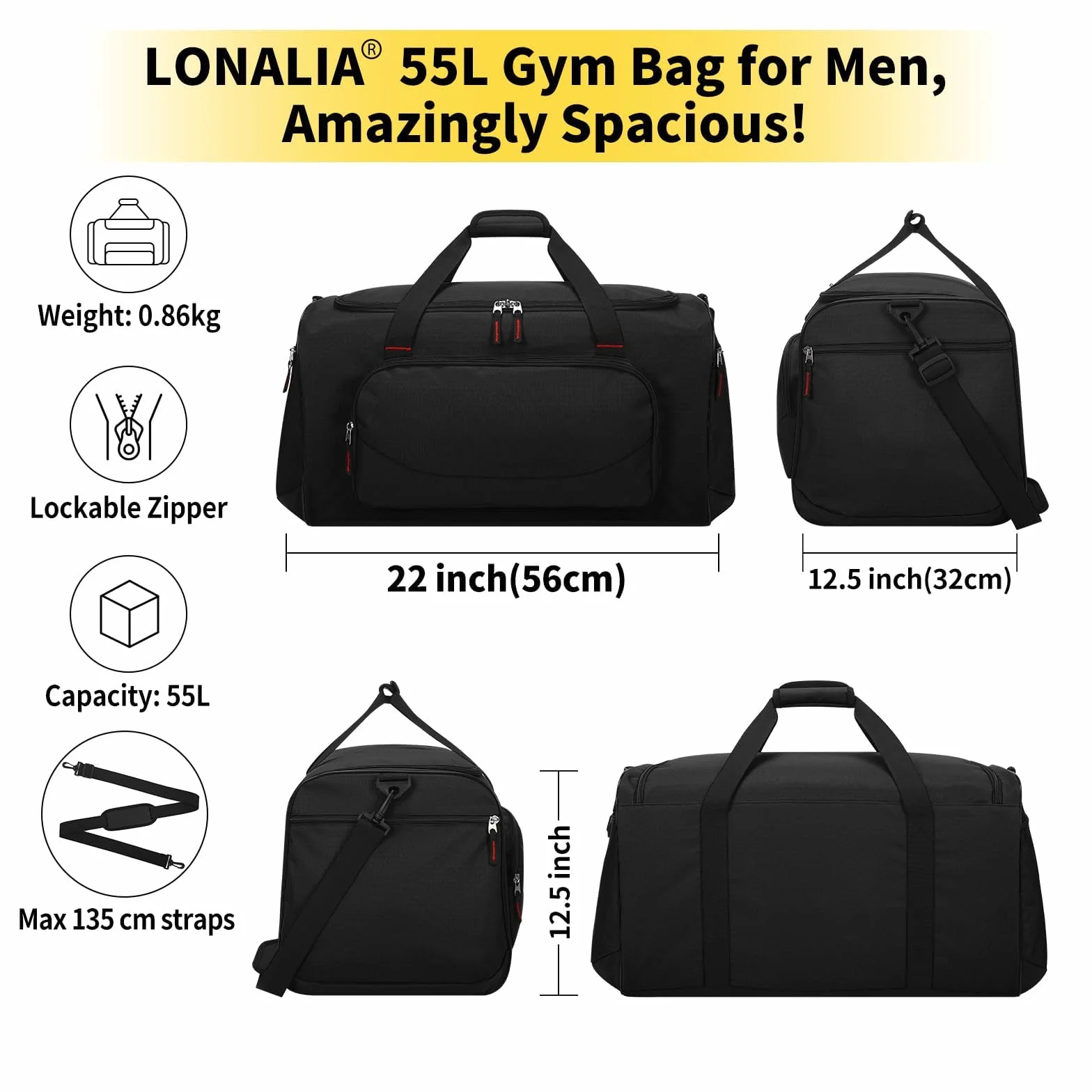 Grand Sac de Sport Homme 55L - Sac de Fitness Voyage Gym - Noir