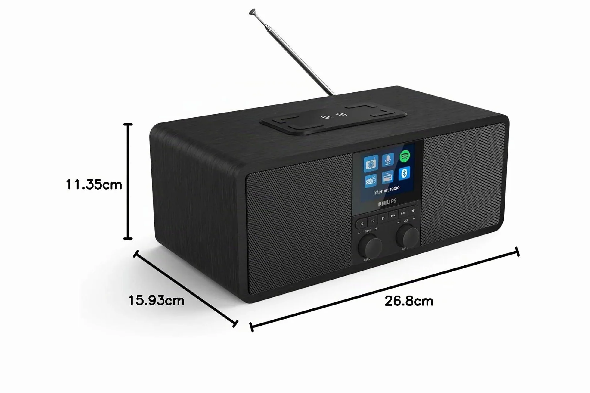 Philips R8805/10 Radio Internet, Radio Bluetooth avec Spotify Connect (Bloc de Chargement Qi pour téléphones Mobiles, USB, Mise en Veille programmable, Alarme duale) Noir