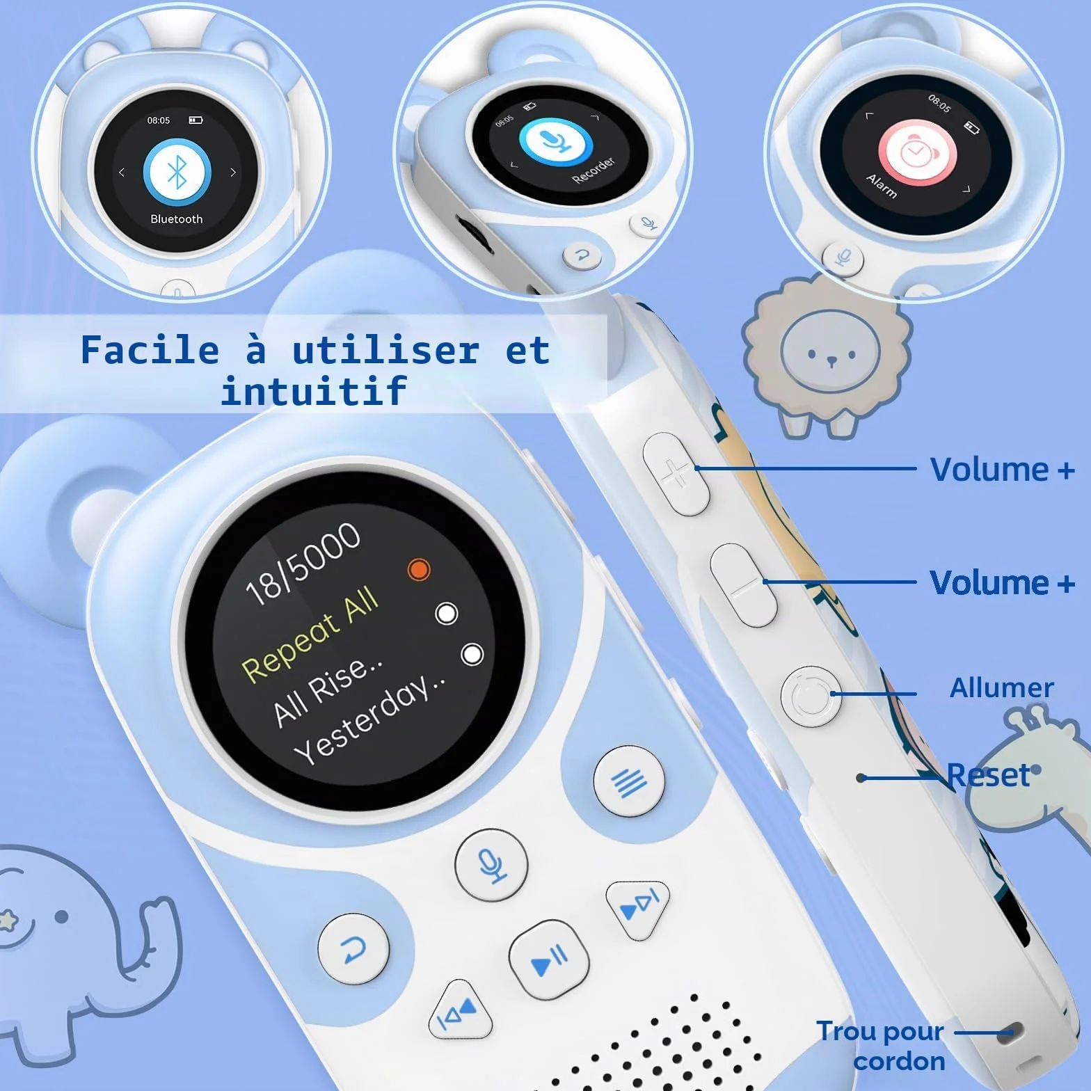 Lecteur MP3 Enfants Bluetooth 5.3 64GB avec Radio FM, Réveil, Enregistrement, Chronomètre