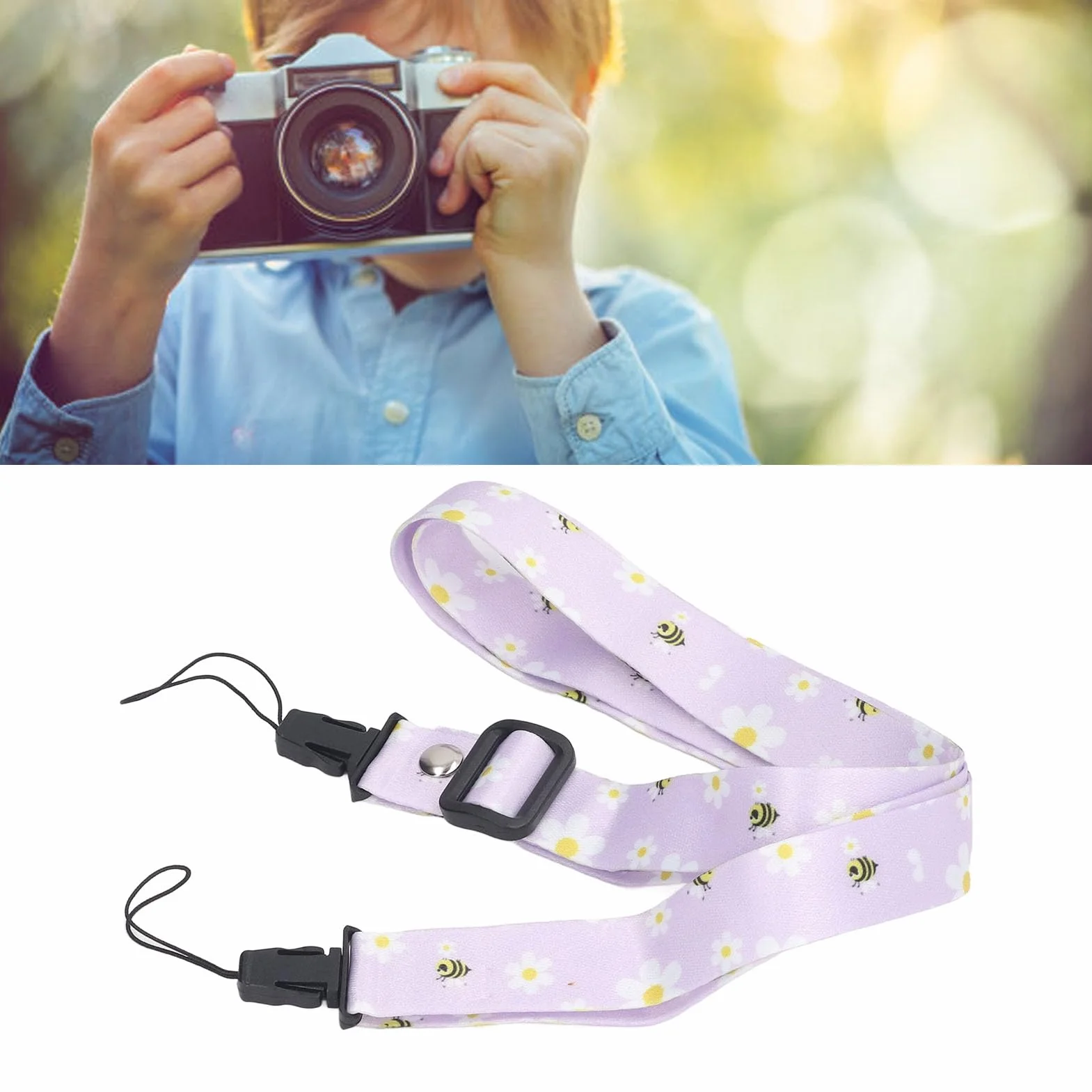 Courroie de Cou pour Appareil Photo, 1,2 M Motif imprimé Caméra Cou Bandoulière Réglable Sangle D'Appareil Photo pour Mini 12 11 8 9 Appareil Photo (Marguerite Violette)