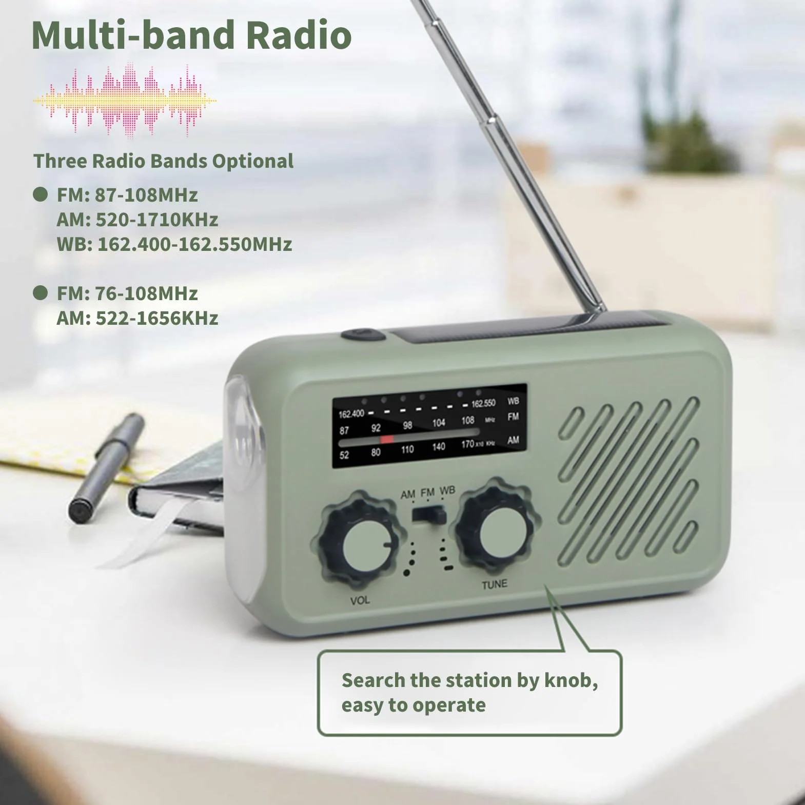 Radio Solaire d'Urgence à Manivelle Auto-alimentée avec Lampe de Poche LED, Alarme SOS, AM/FM, Météo Wind Up, Charge Smartphone USB