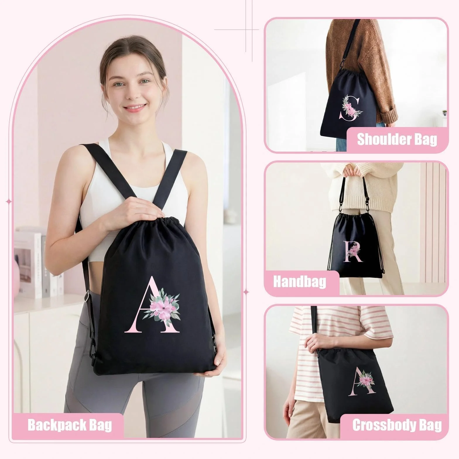 Sac à dos personnalisable imperméable 4 en 1 avec initiale florale, Noir, L