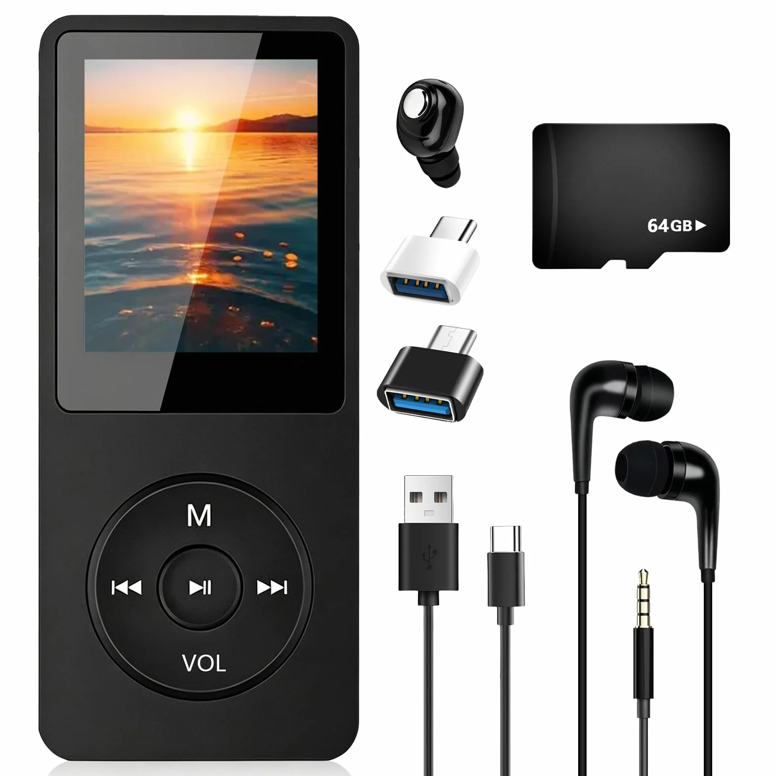 Lecteur MP3 Bluetooth 5.3 64Go avec Haut-Parleur, Radio FM, Écran 1,8", Autonomie 70H, Léger