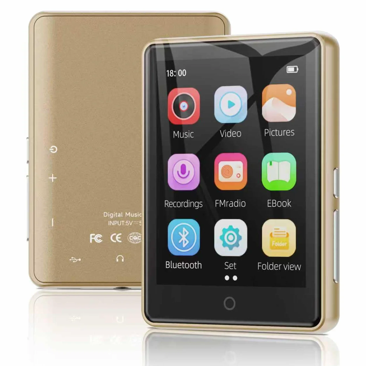 Lecteur MP3 Bluetooth 5.3 64Go 2.8" Écran HiFi Audio MP4 Baladeur Sport Radio FM Podomètre Enregistreur Carte 128Go Or