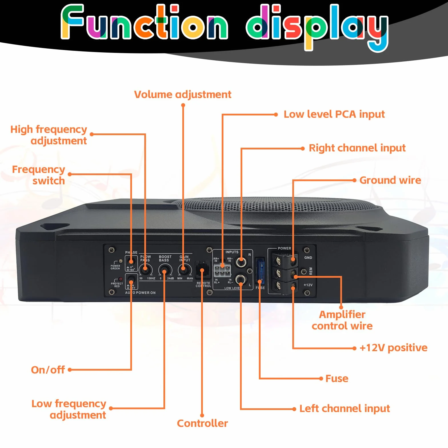 Caisson de Basses Actif amplifié 10 Pouces (800 W) — Caisson Clos Haute Performance avec télécommande, pour Voitures, camions et Camping-Cars — Plage de fréquences : 20 Hz – 150 Hz