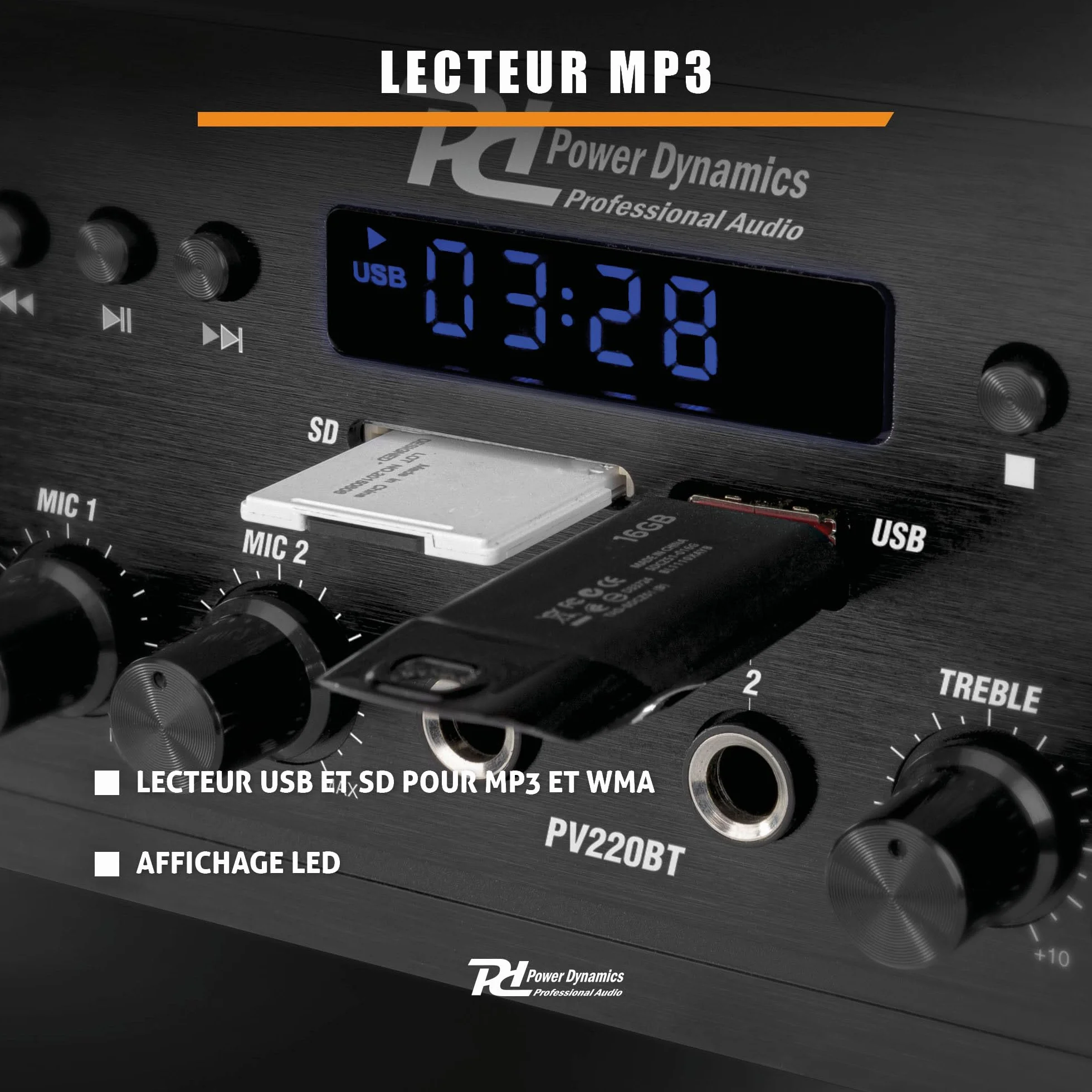 Power Dynamics PV220BT Amplificateur Audio Bluetooth 2x100W 2 Zones Lecteur MP3 USB/SD Radio FM Entrées RCA AUX Télécommande