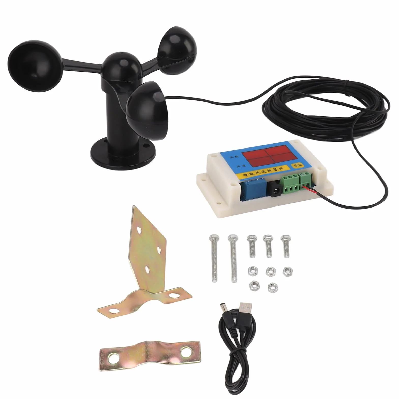 Anémomètre de Grue de Tour 3 Tassemètre de Vitesse du Vent avec Alarme 360° USB 5V Haute Précision 2-12 Niveaux Réglable