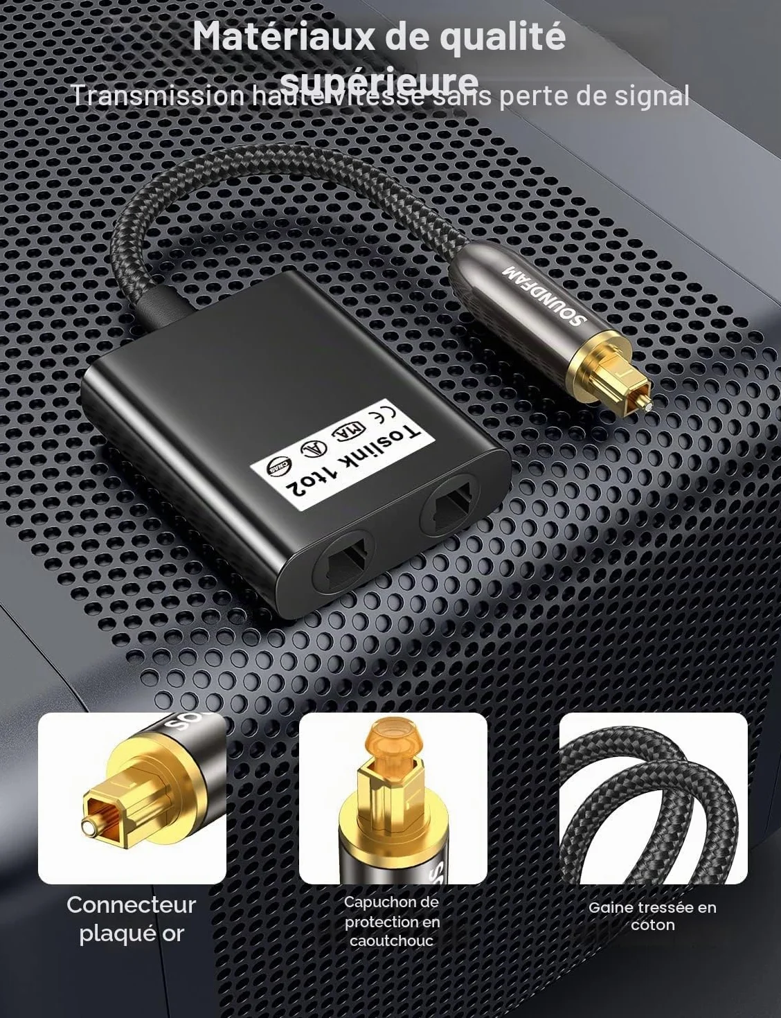 Répartiteur Fibre Optique Répartiteur Câble Optique Audio 1 Entre 2 Sorti Adaptateur Audio Numérique Toslink pour Barre, TV - Noir