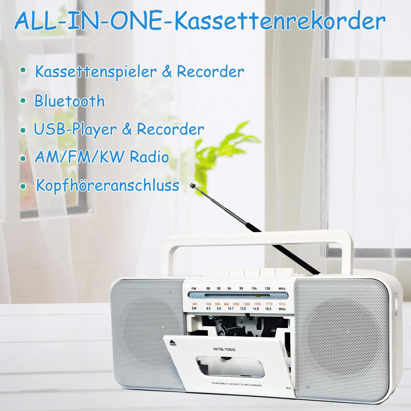 Lecteur cassette Boomboxe Bluetooth, enregistreur AM/FM/W, convertisseur cassette MP3, haut-parleur 10"