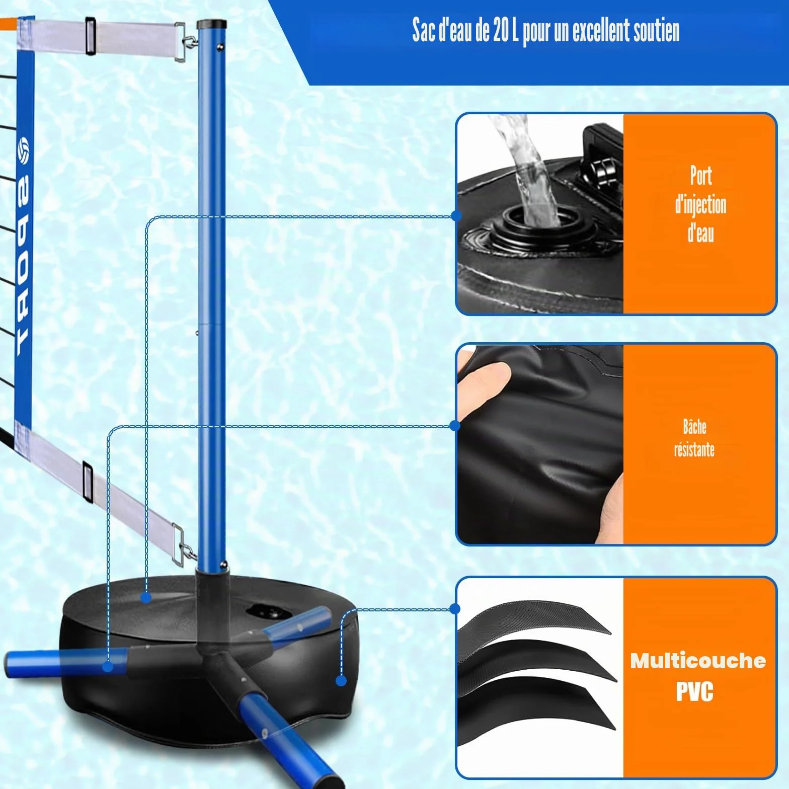 Filet de volleyball de piscine portable intérieur/extérieur avec 2 balles, base robuste, réglable 4,5-7,6 m