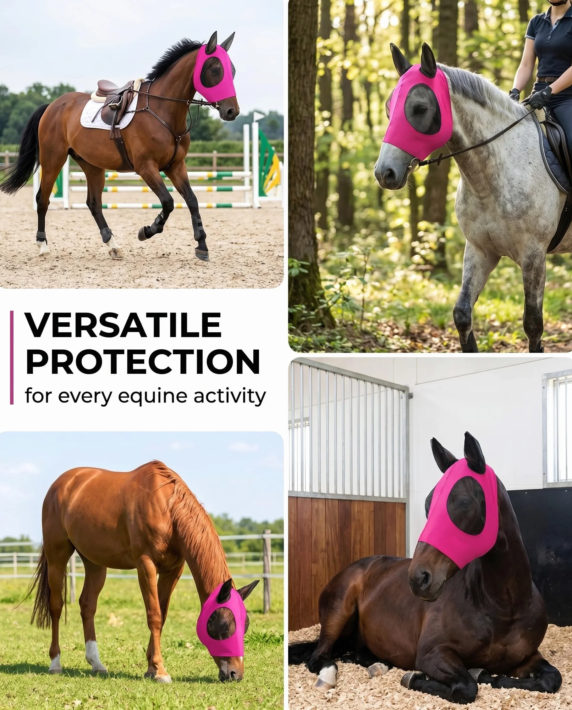 Masque de Cheval Rose Vif en Maille Respirante Anti-Mouche Anti-UV avec Cache-Oreilles