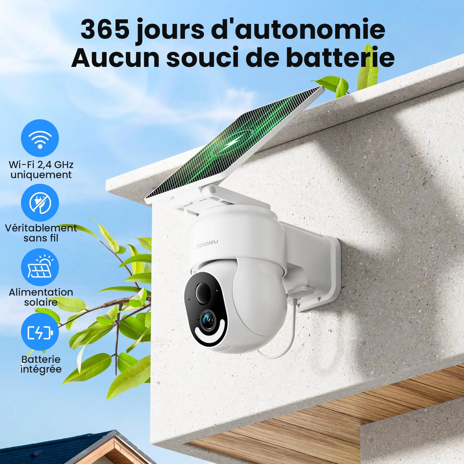 GALAYOU 2K Camera Surveillance WiFi Exterieure sans Fil - Camera Exterieur sans Fil Solaire, 2.4GHz, 360° PTZ Suivi, PIR + Alarme Sonore/Lumière, Audio Bidirectionnel, Vision Nocturne Couleur, IP65