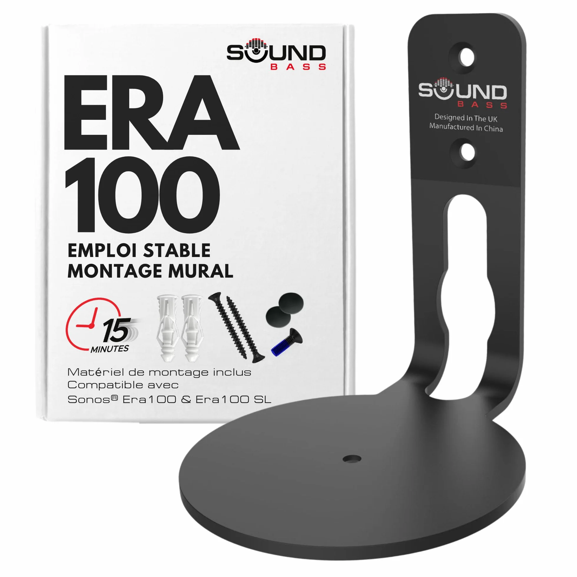 Sound bass Support Mural Era 100 – Profil Bas, Noir, Unité Simple, Compatible avec Sonos ERA100 & Era 100 SL Enceinte, Kit de Fixation Complet Inclus