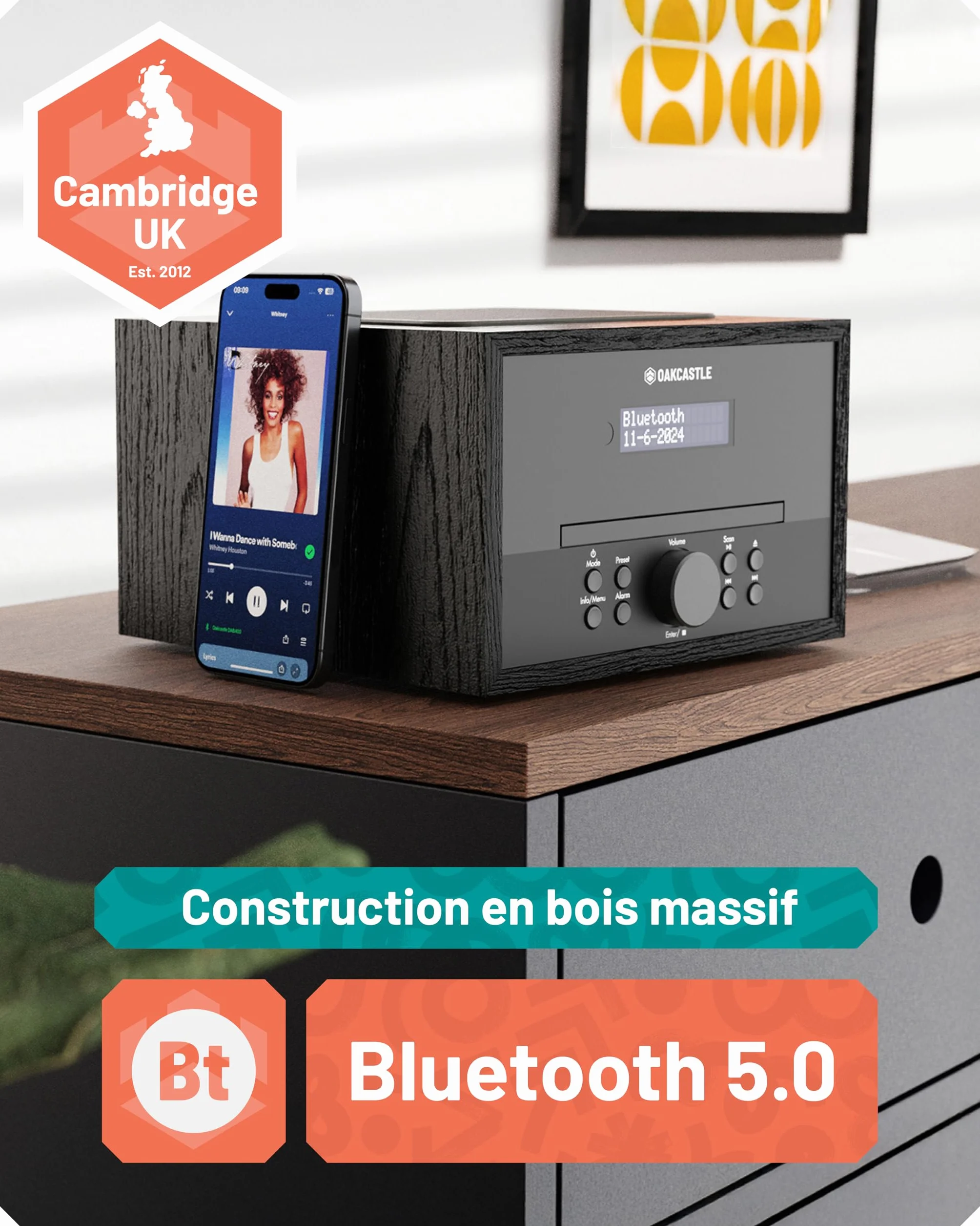 Mini Chaîne HiFi CD Radio Dab+ | Lecteur CD Bluetooth avec Haut-parleurs 40W | Radio Réveil avec Double Alarme, 99 Stations | USB, AUX, MP3 | Télécommande Incluse | Oakcastle DAB400