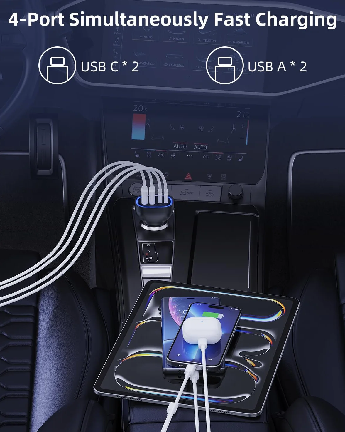 Chargeur Allume Cigare USB C 4 Ports 78W PD QC 3.0 Chargeur Voiture Charge Rapide Prise Allume Cigare 12V,pour iPhone iPad Samsung Huawei Xiaomi Tabletetc