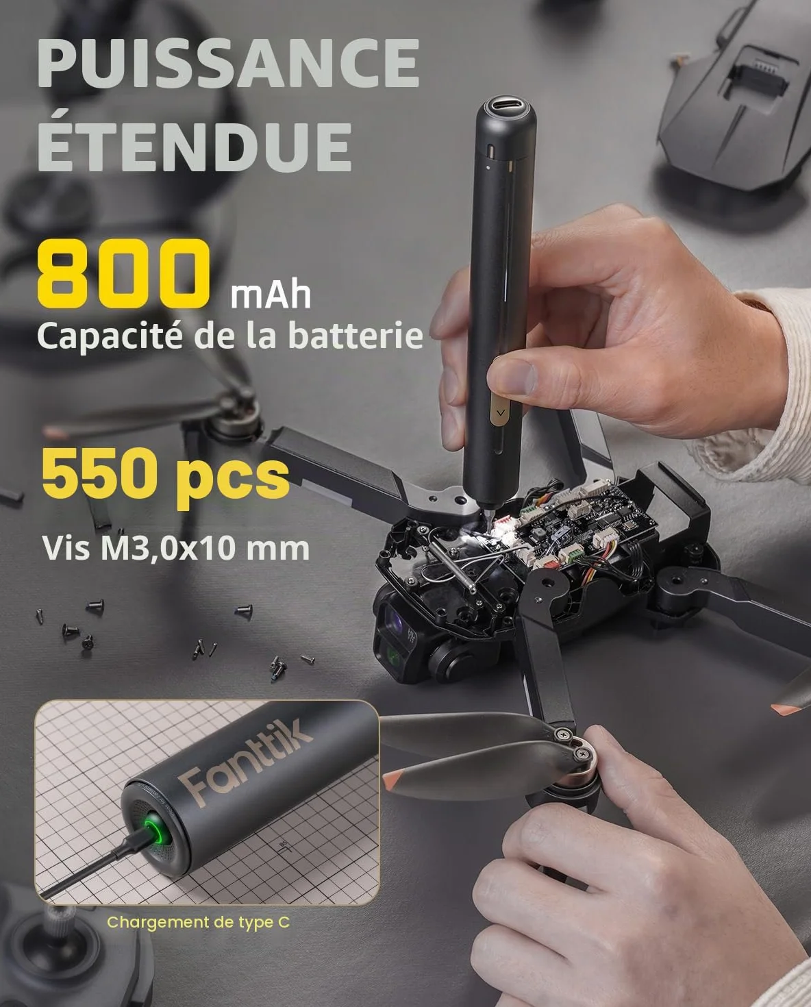Fanttik E2 Ultra Mini tournevis électrique, couple maximal de 0,6 N.m, tournevis electrique sans fil avec 50 embouts magnétiques,convient pour téléphone portable/caméra/ordinateur portable/montre