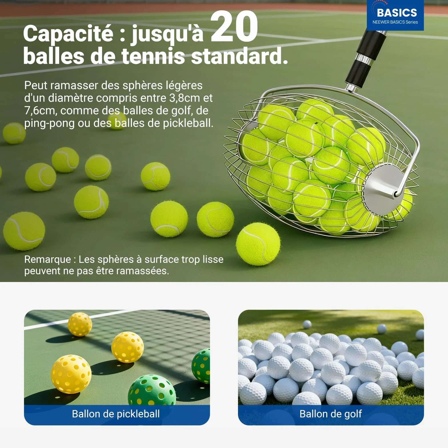 NEEWER BASICS Ramasseur de Balle de Tennis à Trémie Supérieure TB04S 70-138cm Télescopique pour 20 Balles