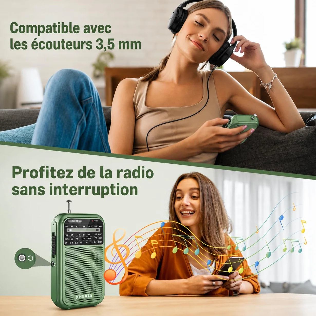 XHDATA D220 Radio Portable FM/AM/SW, Mini Radio à Piles Survie (AA) avec Réception Haute Performance, TransistorRadio pour Cadeau, Famille, Séniors(Vert)