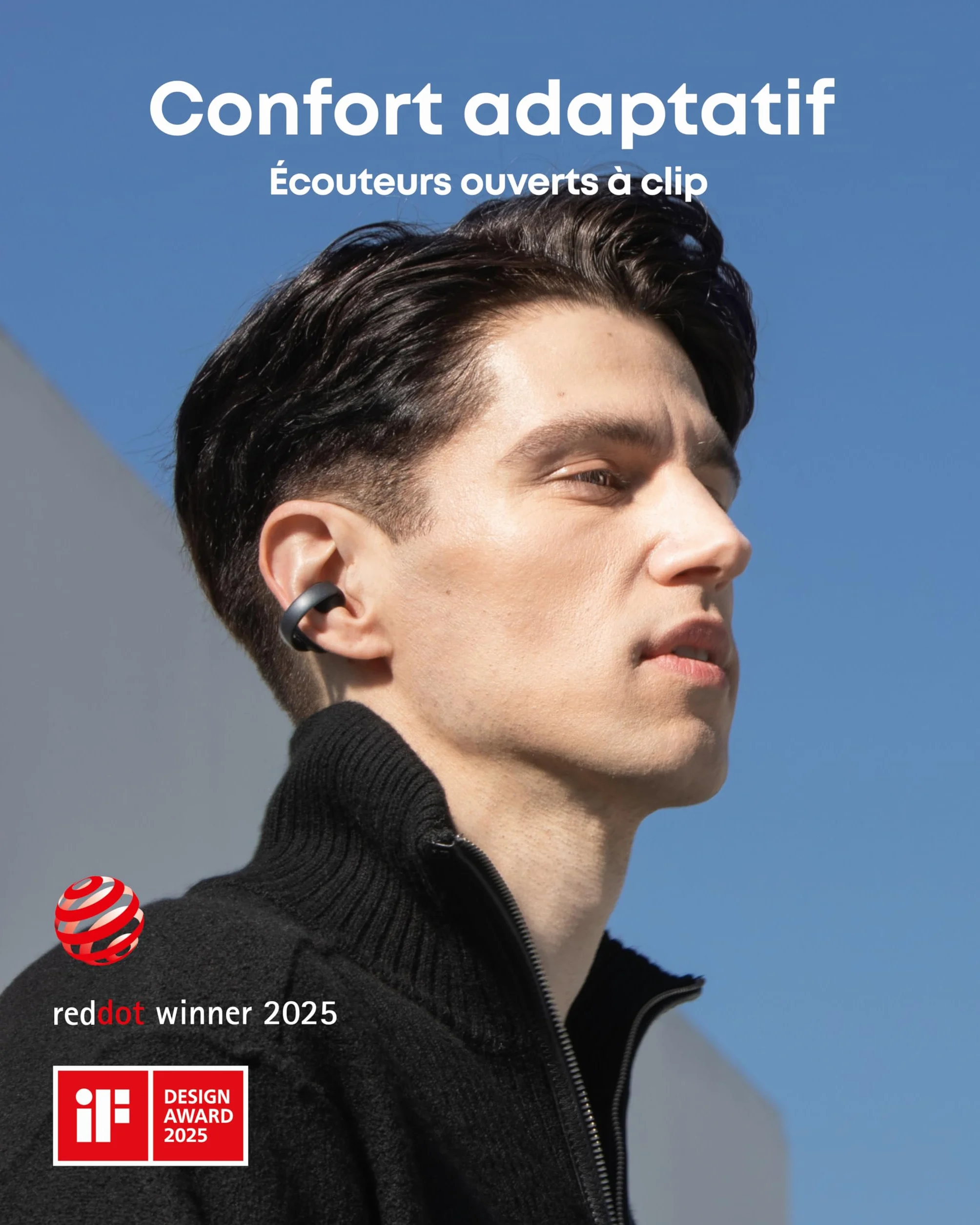 soundcore AeroClip by Anker, écouteurs Oreilles Libres à Clip, Confort adaptatif, appels clairs avec 4 micros et IA, Stables, Haut-parleurs de 12 mm, Design en Anneau Ouvert