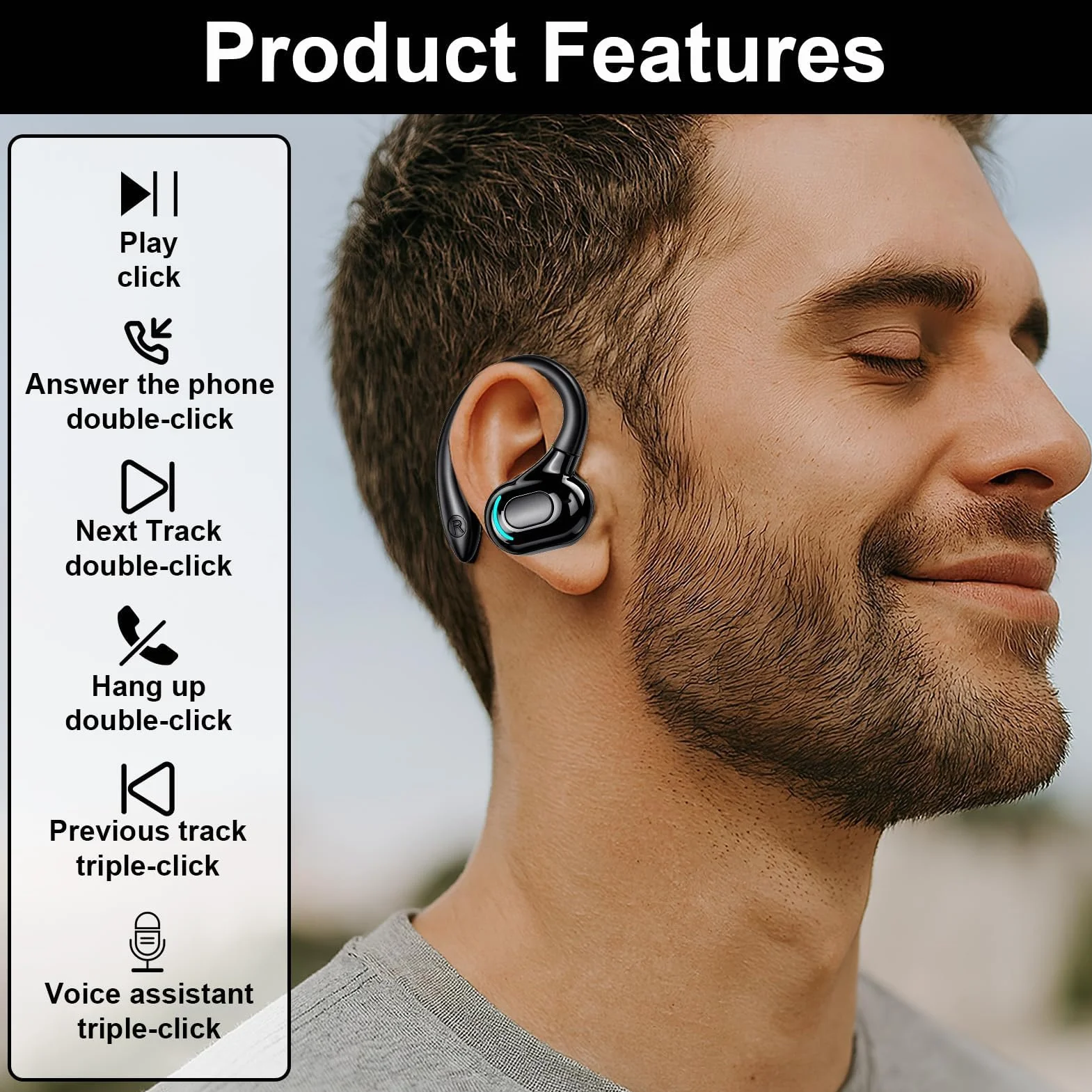 Oreillette Bluetooth sans Fil V5.2 avec Micro intégré Écouteur Mono Tour d’Oreille 360° 20h de Lecture pour iPhone Android PC Bureau Conduite Affaires Sport-Réduction du Bruit(Noir)