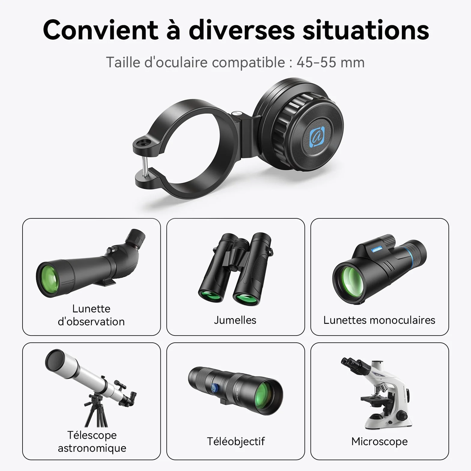 APEXEL Adaptateur Universel magnétique pour téléphone Portable pour Jumelles, monoculaires, Observation des Oiseaux et microscopes - Adaptateur oculaire de 45 à 55 mm - Compatible avec Tous Les