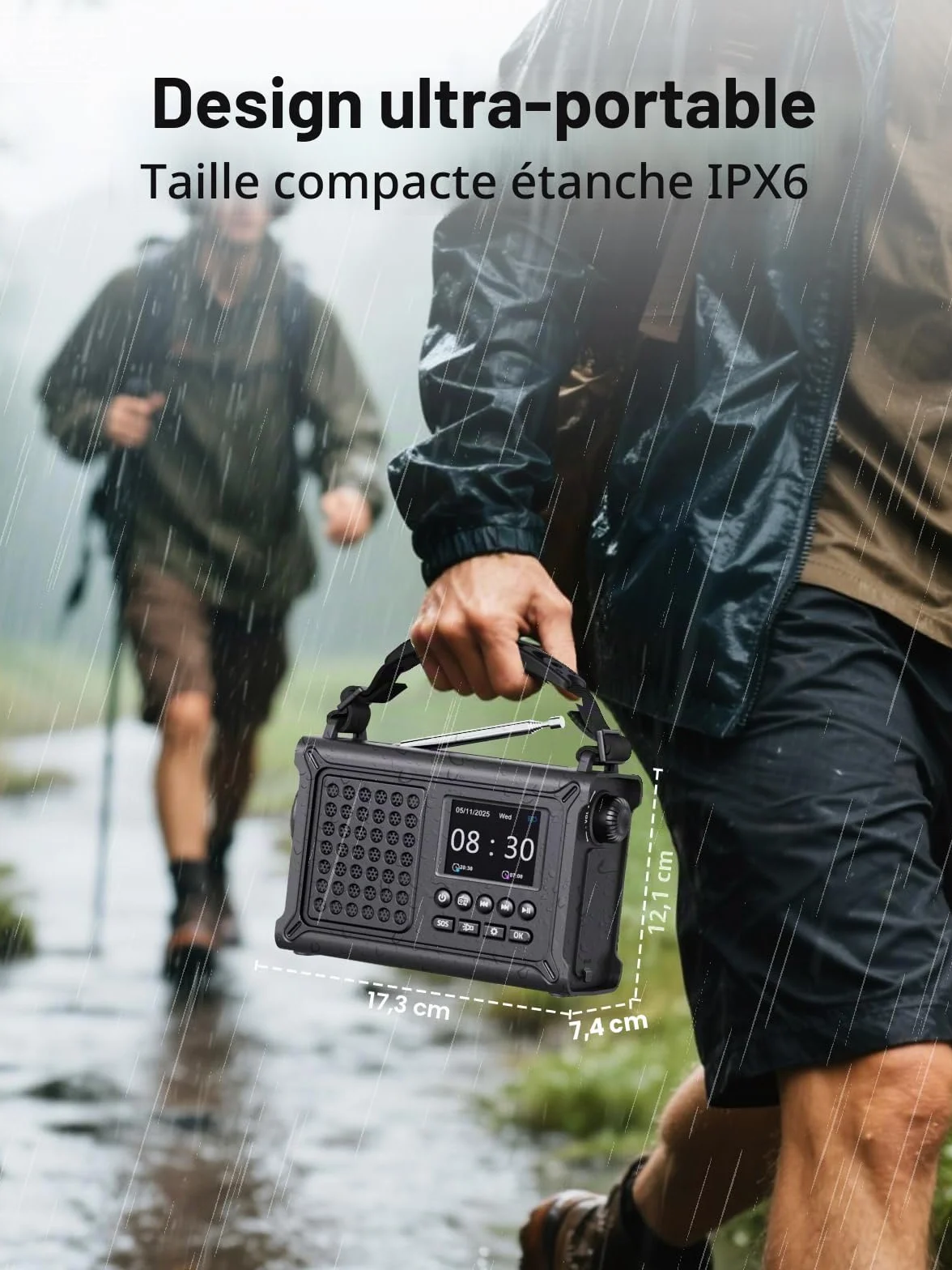 ROCAM Radio d'urgence Dab+/FM avec Bluetooth, Radio Numérique Portable 12000mAh avec Panneau Solaire 8500mm² & Manivelle 650mA, Écran Couleur 2,4", 80 Stations, SOS, Lampe LED, USB, IPX6 pour Camping