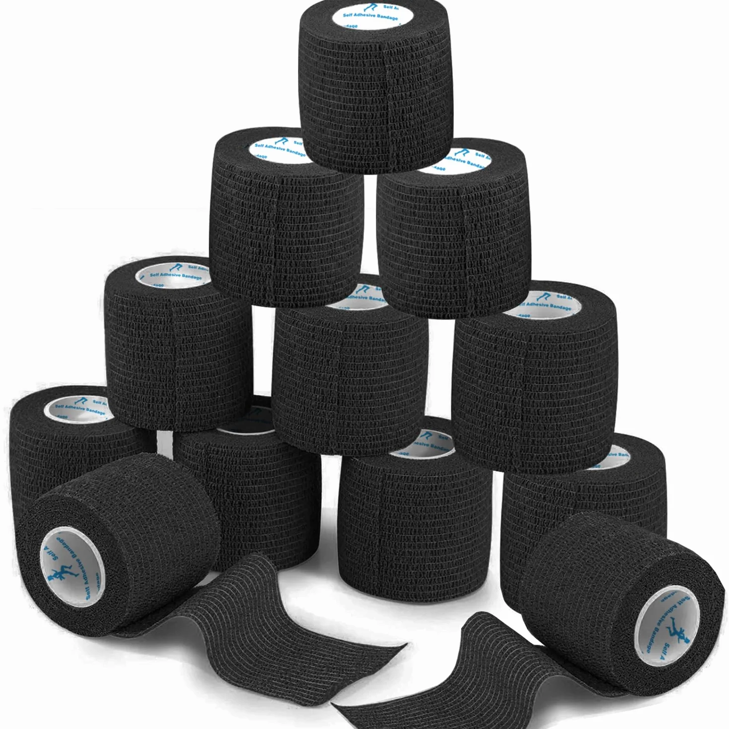 ANAMPION Bandage Autoadhésif 5cm x 4.5m Bande Cohesive pour Humains Animaux Chevilles Sports Noir 12 Rouleaux