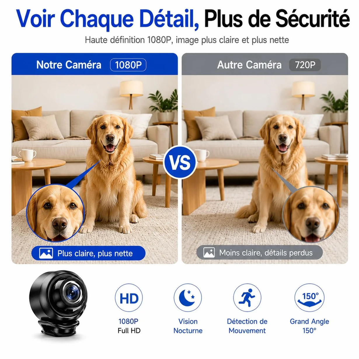 Mini Caméra Espion WiFi HD 1080P Caméra Cachée Sans Fil Vision Nocturne Détection de Mouvement Accès à Distance Enregistrement Continu Surveillance Intérieure Maison