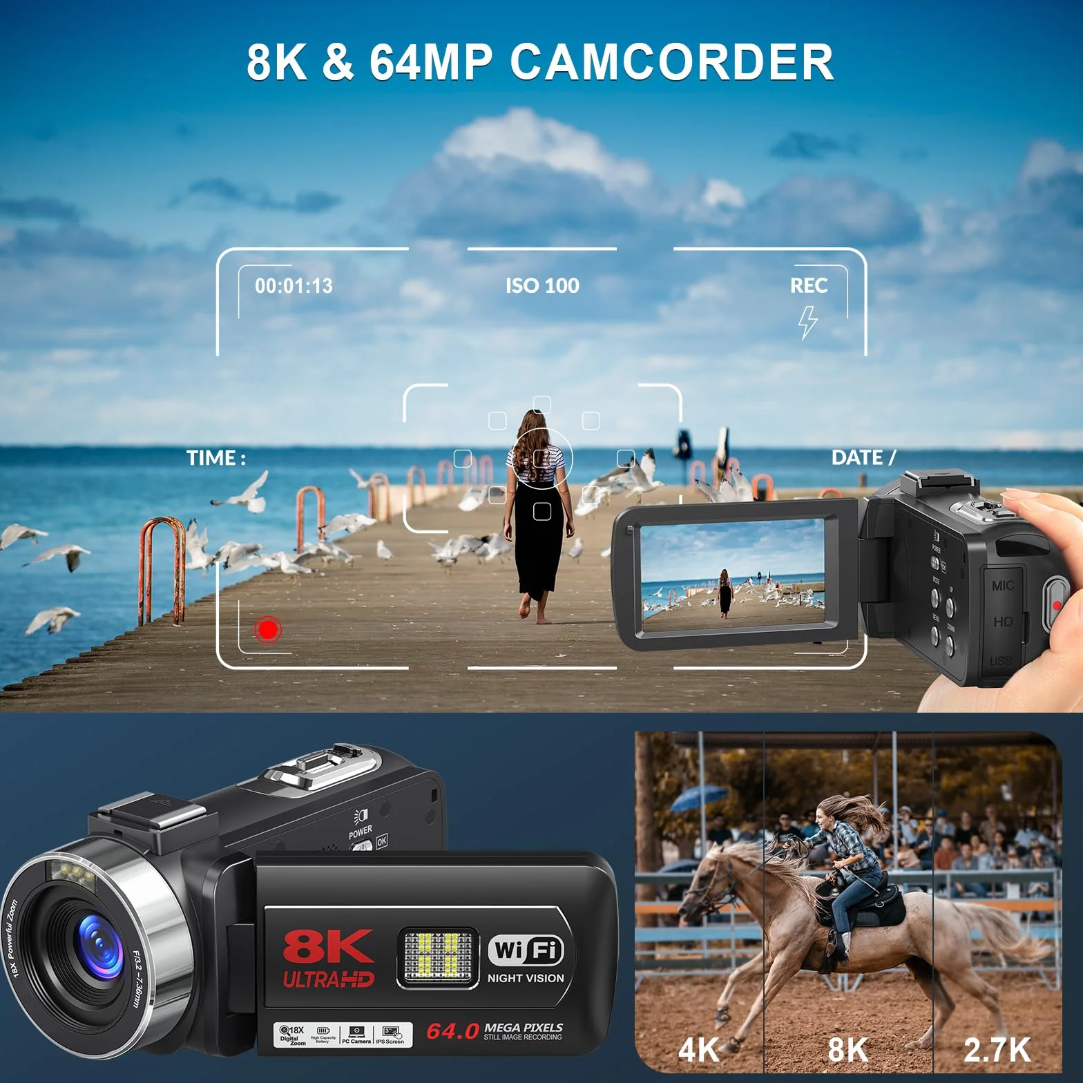 Caméscope 8K 64MP Caméra Vidéo Zoom Numérique 18X WiFi Écran Tactile UHD 3 Pouces IR Vision Nocturne Vlogging avec Carte SD 32 Go
