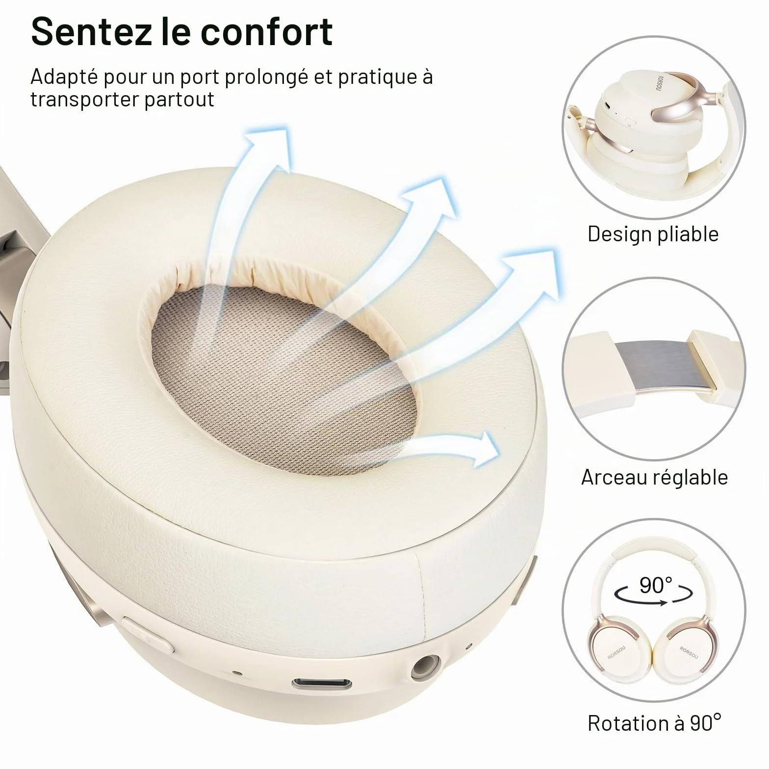 B8 Casque Bluetooth Supra-auriculaire, 6 Modes de Musique EQ et 50 Heures de Lecture, Basses Profondes, Casque sans Fil avec Micro, Casque stéréo HiFi léger et Pliable pour Beige Blanc