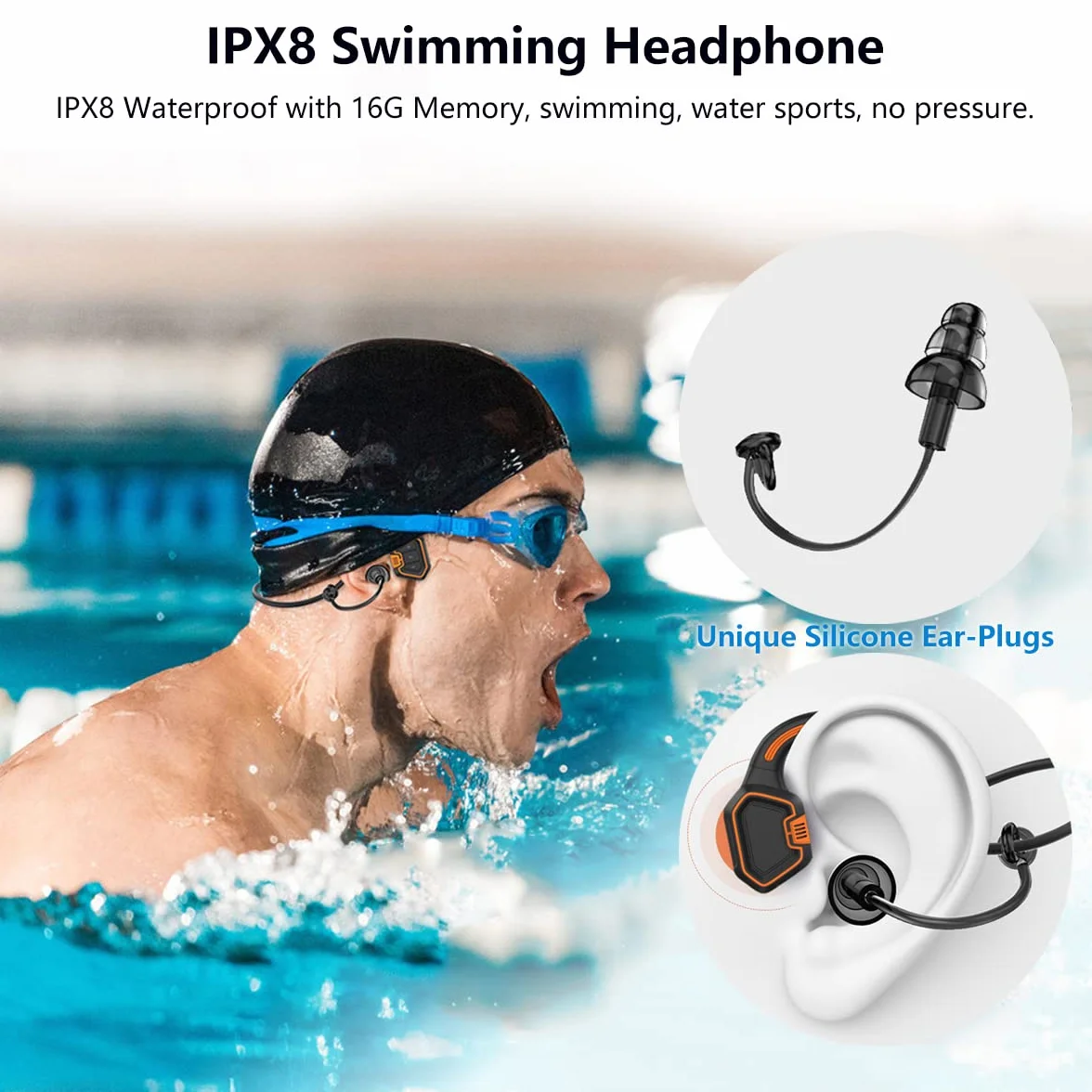 Casque Sans Fil Conduction Osseuse Bluetooth 5.1 IPX8 Étanche Sport, Écouteurs Natation 16Go MP3, Oreille Ouverte Bleu