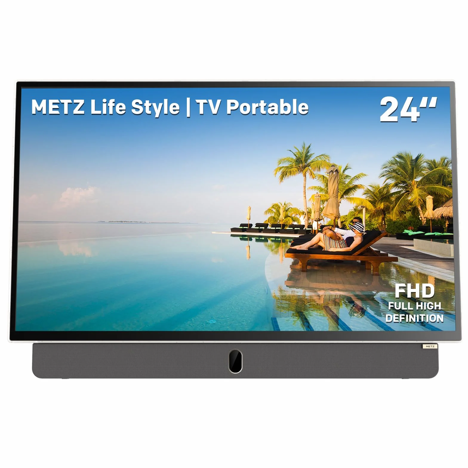 Metz TV Portable 24 Pouces (60 cm) Smart Google TV FHD avec Batterie Intégrée Poignée HDR 10 Chargeur Voiture 12V Ecran Anti-reflet Dolby Audio HDMI USB Bluetooth Wi-FI (24MPE7000 Blanc)