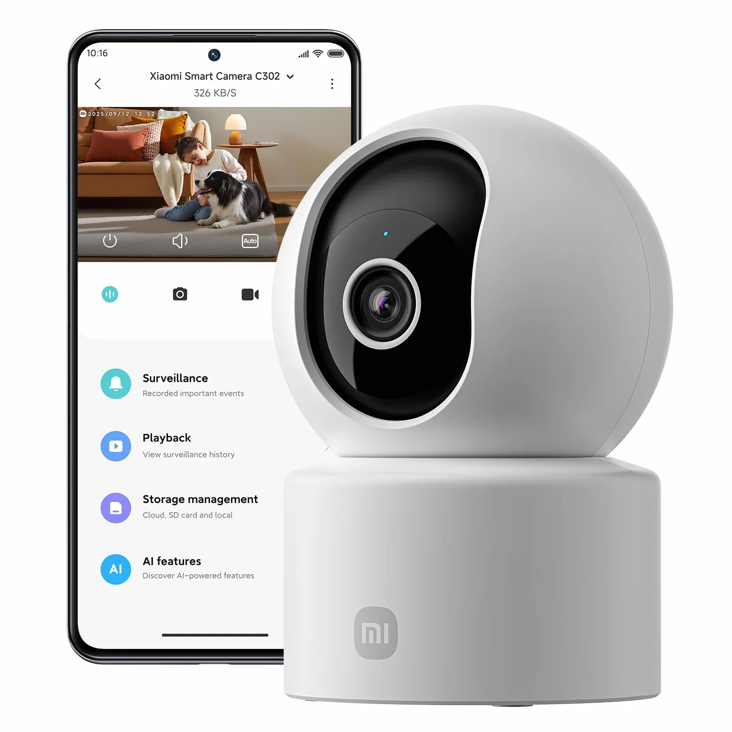 XIAOMI C302 Caméra Intérieure, 2K 3MP à 360°, Caméra de Surveillance, WiFi 6, Clôture Virtuelle, Détection et Suivi Personnes & Animaux, Vision Nocturne Couleur Starlight, Audio Bidirectionnel, Alexa