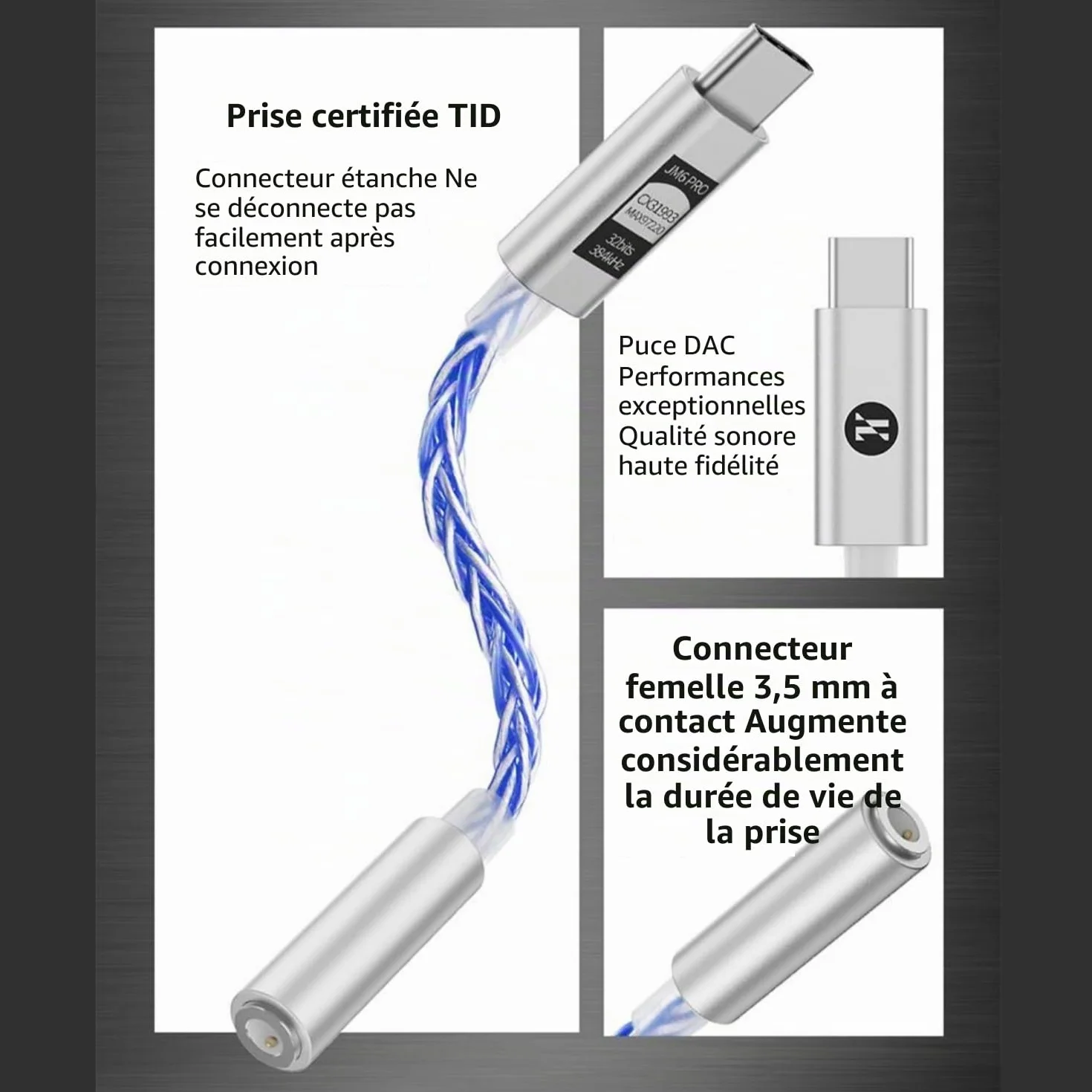 JCALLY JM6 Pro USB-C Type-C vers 3,5 mm Dual DAC CX31993 MAX97220 Amplificateur de décodage Hi-Fi DAC Mobile pour casque (bleu)