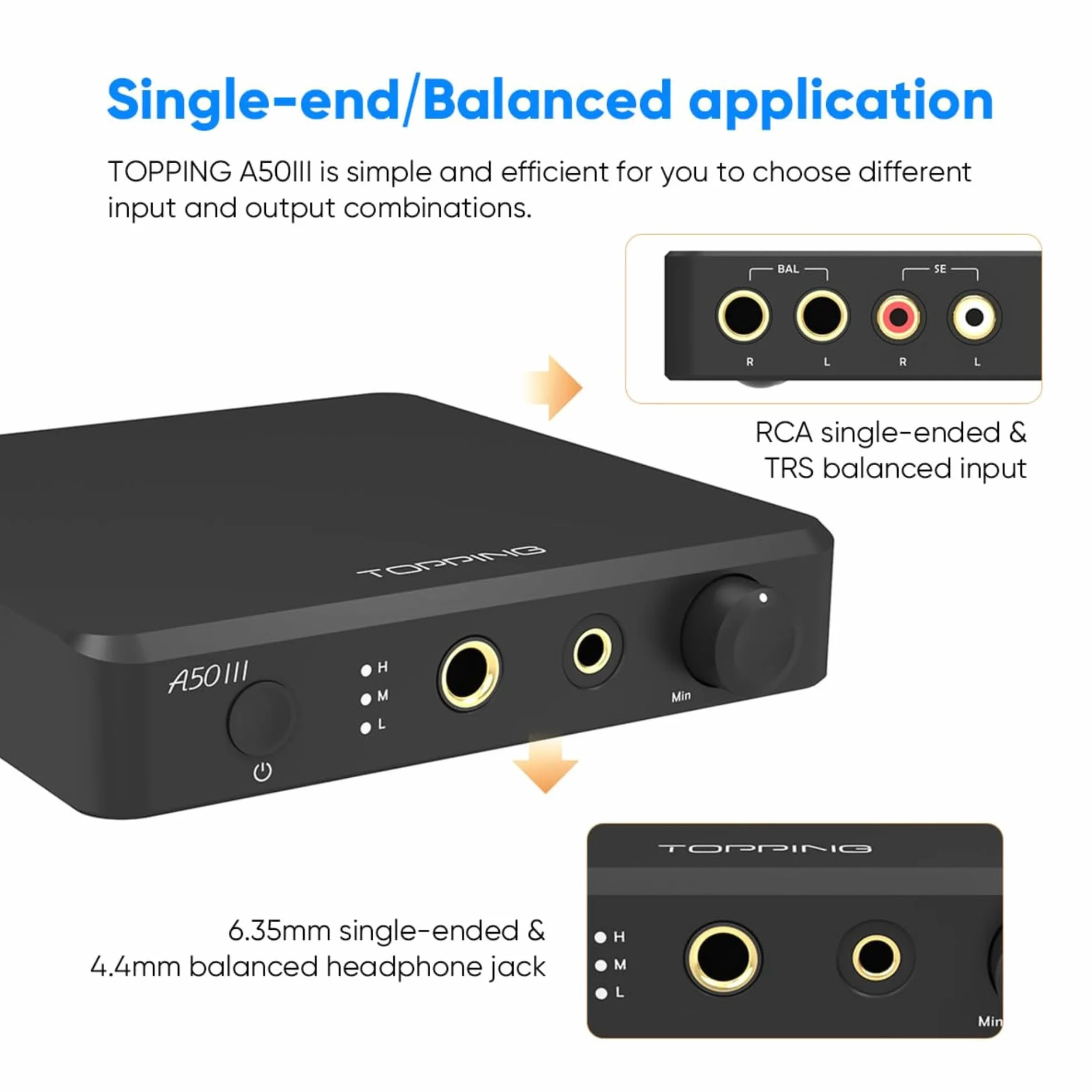 Topping A50 III NFCA Amplificateur de casque, 3500 mW x 3500 mW, RCA/TRS à 4,4 mm/6,35 mm, sortie écouteurs avec 3 réglages de gain, déclencheur 12 V pour IEM, noir