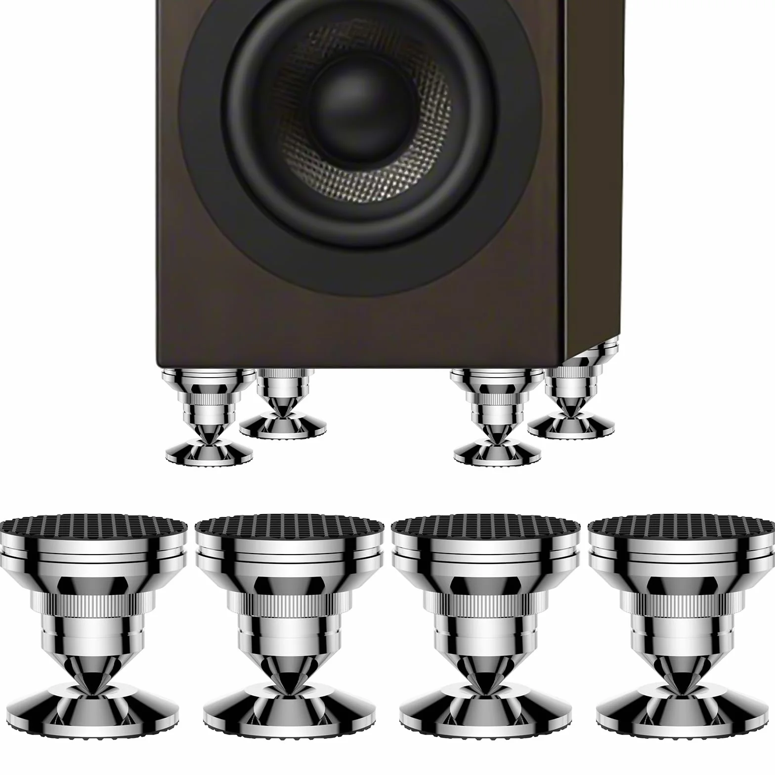 Tertullus Lot de 4 pics de haut-parleur, en acier inoxydable, pour caisson de basses réglables en hauteur, pieds absorbants avec pointes, rondelles pour appareils Hi-Fi et haut-parleurs