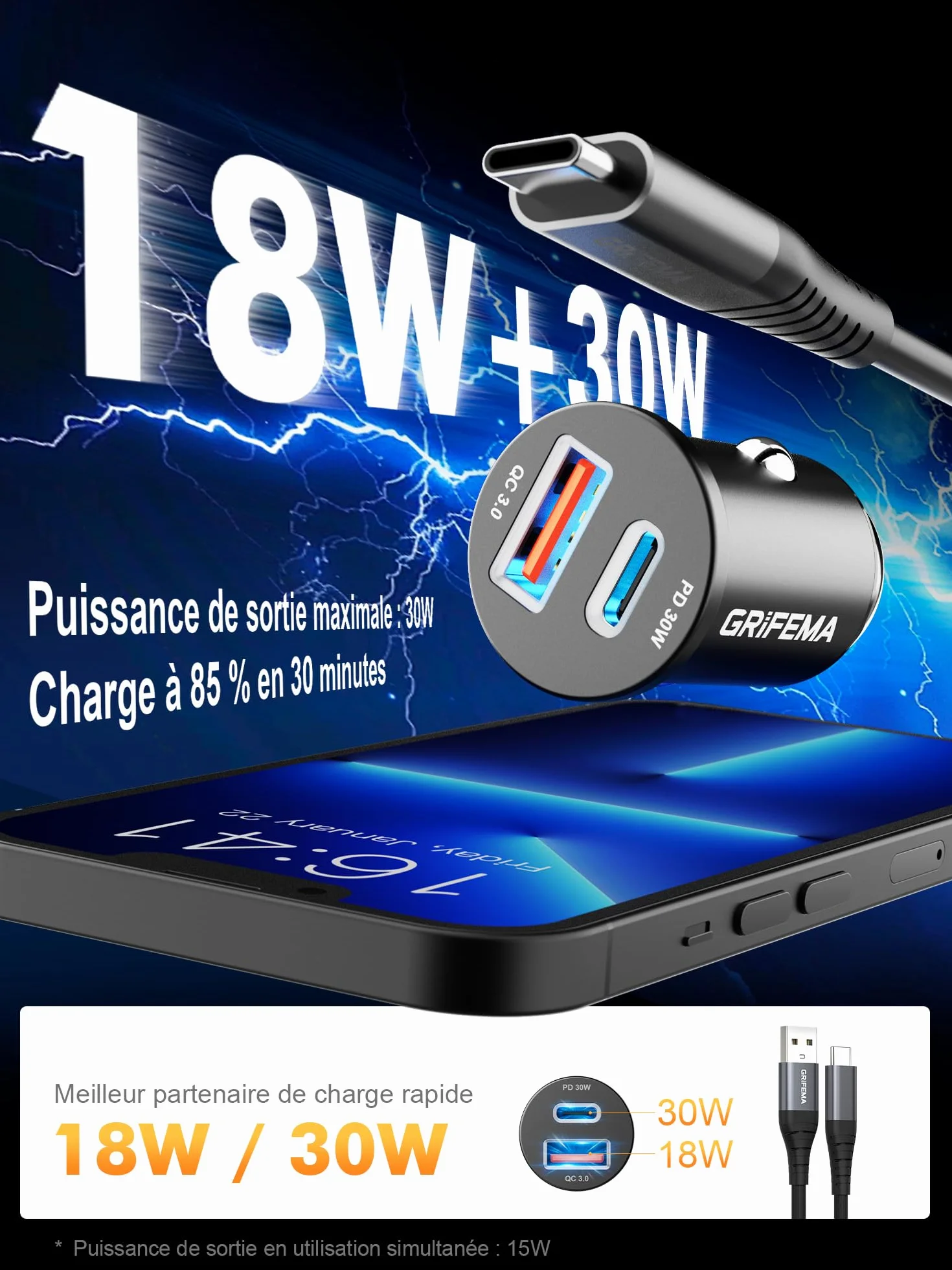 GRIFEMA Chargeur Allume Cigare USB C 30W, Chargeur Voiture Rapide Double Port avec USB-C PD 30W et USB-A QC 3.0 18W, Prise Allume Cigare 12V pour iPhone 16 15 14, Samsung, iPad–Boîtier en Aluminium
