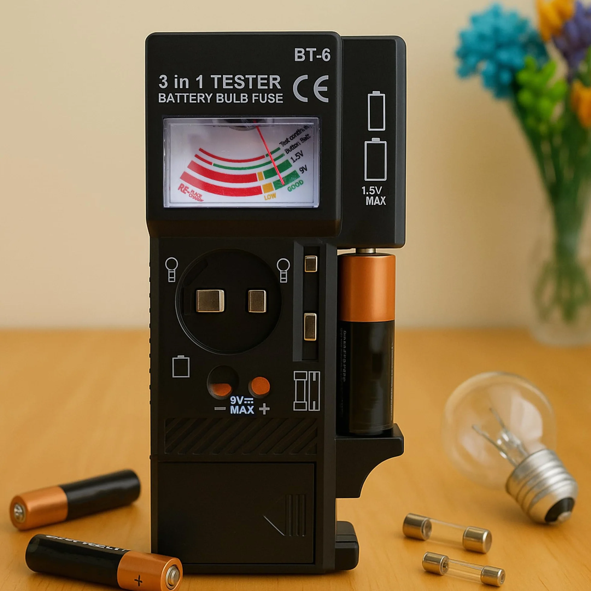 Testeur d'ampoules et de fusibles 3 en 1 - Outil de test multifonction AAA, AA - 9 V - Code couleur - Facile à utiliser, compact, portable, analogique