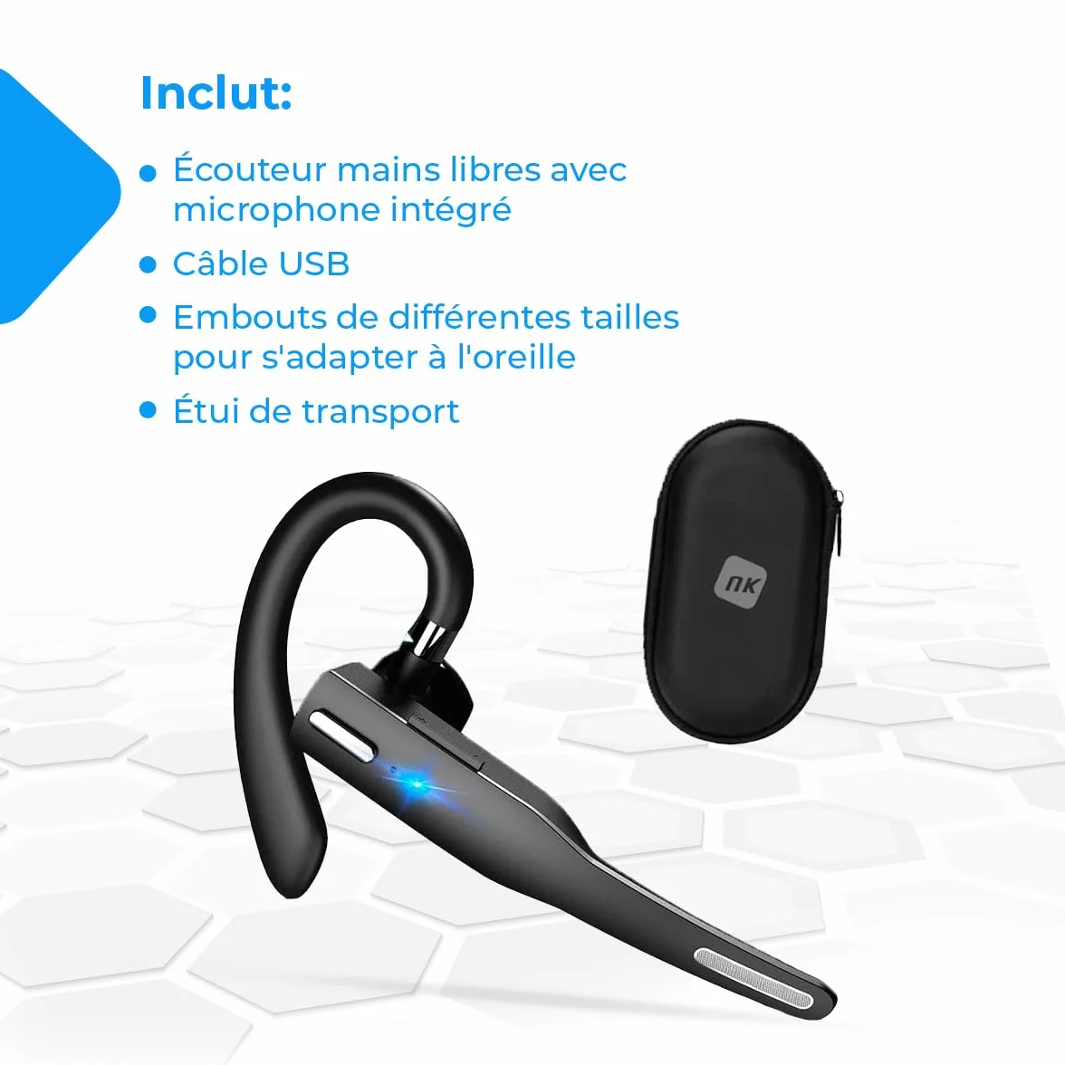 NK Casque d'écoute sans Fil avec Bluetooth 5.0 - Casque d'écoute avec kit Mains Libres, Microphone, Capture de la Voix Claire, Batterie de 100 mAh, étui de Transport Inclus - Iphone & Android