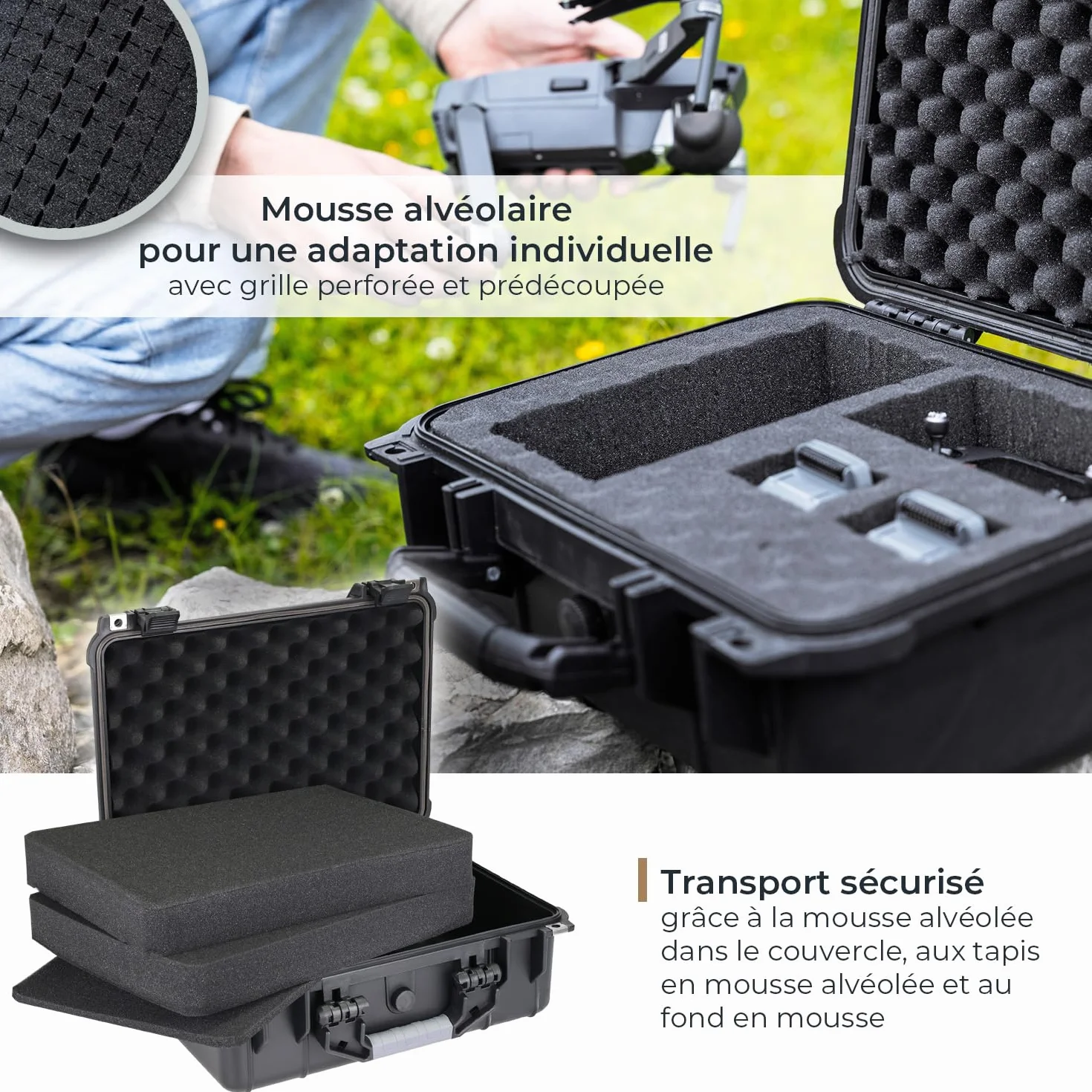 Mallette Rigide IP67 HMF ODK100 étanche Eau Poussière Mousse prédécoupée Valise Protection Photo Outils 41x32x17.5cm Noir
